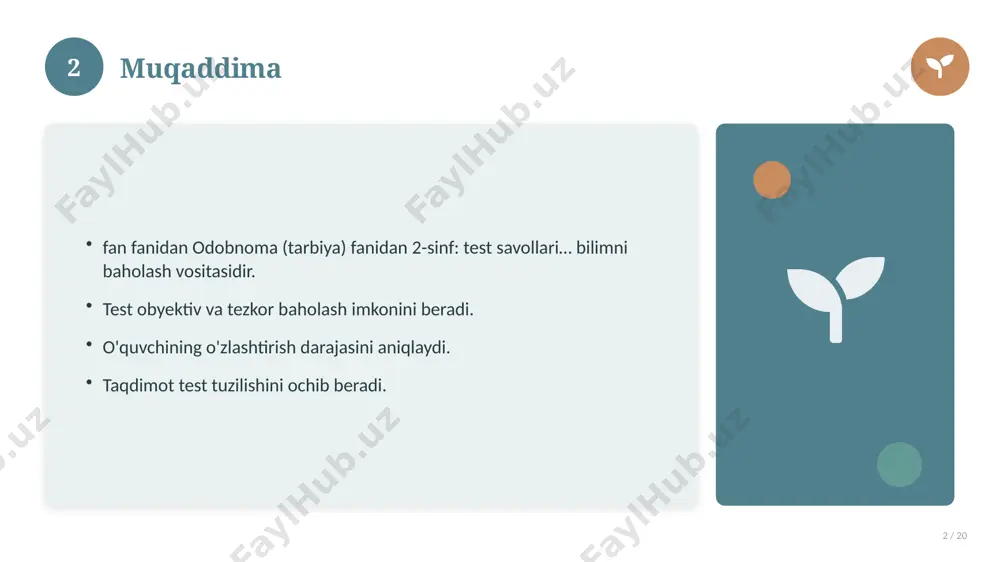 lari… bilan bog'liq kalit tushunchalar. atamalarning aniq ta'rifi beriladi. to'g'ri qo'llash muhim. tushunchalar o'zaro bog'liq. 14 15 tarixiy rivoji 15 / 20 mavzu vaqt o'tishi bilan rivojlangan. asosiy bosqichlar kuzatiladi. muhim o'zgarishlar yuz bergan. hozirgi holatga ta'sir ko'rsatgan. 15 16 zamonaviy holati 16 / 20 bugungi kundagi ahvol. yangi yondashuvlar paydo bo'lmoqda. dolzarb tendensiyalar. amaliy qo'llanilishi kengaymoqda. 16 17 qiyosiy tahlil 17 / 20 o'xshash hodisalar bilan solishtirish. umumiy jihatlar aniqlanadi. farqli tomonlar ko'rsatiladi. xulosalar chiqariladi. 17 18 afzallik va kamchiliklar 18 / 20 afzalliklari kamchiliklari samaradorlik murakkablik qulaylik resurs talabi tejamkorlik ayrim cheklovlar 18 19 xulosa 19 / 20 odobnoma (tarbiya) fanidan 2-sinf: test savollari… bo'yicha asosiy jihatlar yoritildi. mavzu nazariy va amaliy ahamiyatga ega. olingan bilim amaliyotda qo'llaniladi. doimiy o'rganish tavsiya etiladi. 19 20 foydalanilgan adabiyotlar 20 / 20 tegishli darslik va o'quv qo'llanmalari. ilmiy maqola va manbalar. internet va elektron resurslar. manba: soff.uz · 2026. 20 image-1-1.png …