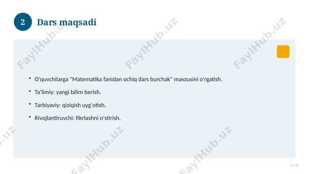 lanish 17 / 25 keng tarqalgan xatolar. ularning sabablari. oldini olish yo'llari. to'g'ri yondashuv. 17 18 kelajak istiqbollari 18 / 25 rivojlanish yo'nalishlari. yangi imkoniyatlar. innovatsion yechimlar. uzoq muddatli ta'sir. 18 19 amaliy tavsiyalar 19 / 25 tizimli yondashing. ishonchli manbalardan foydalaning. bilimni amaliyotda qo'llang. natijani muntazam baholang. 19 20 tez-tez so'raladigan savollar 20 / 25 asosiy tushuncha nima? u qanday qo'llaniladi? qanday afzalliklari bor? javoblar qisqa va aniq. 20 21 eng yaxshi amaliyotlar 21 / 25 sinovdan o'tgan usullar. samarali yondashuvlar. tajriba almashish. doimiy takomillashtirish. 21 22 muammolar va yechimlar 22 / 25 mavjud muammolar. ularning sabablari. yechim yo'llari. amaliy tavsiyalar. 22 23 asosiy ko'rsatkichlar 23 / 25 ko'rsatkich holati birinchi mezon yaxshi ikkinchi mezon o'rta uchinchi mezon yuqori 23 24 xulosa 24 / 25 matematika fanidan ochiq dars burchak bo'yicha asosiy jihatlar yoritildi. mavzu nazariy va amaliy ahamiyatga ega. olingan bilim amaliyotda qo'llaniladi. doimiy o'rganish tavsiya etiladi. 24 …