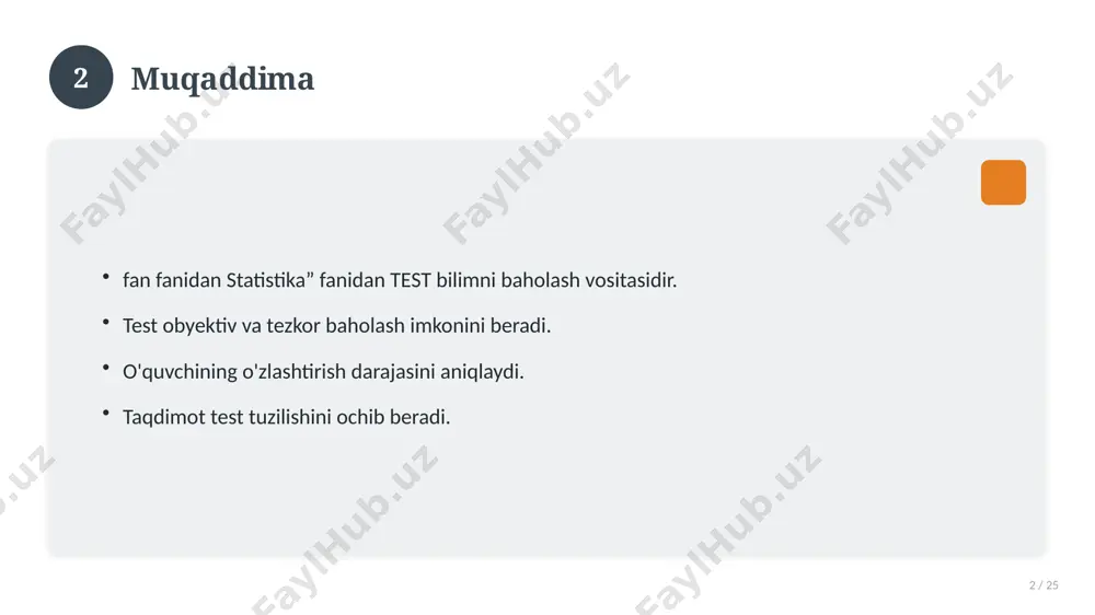 lash muhim. tushunchalar o'zaro bog'liq. 14 15 tarixiy rivoji 15 / 25 mavzu vaqt o'tishi bilan rivojlangan. asosiy bosqichlar kuzatiladi. muhim o'zgarishlar yuz bergan. hozirgi holatga ta'sir ko'rsatgan. 15 16 zamonaviy holati 16 / 25 bugungi kundagi ahvol. yangi yondashuvlar paydo bo'lmoqda. dolzarb tendensiyalar. amaliy qo'llanilishi kengaymoqda. 16 17 qiyosiy tahlil 17 / 25 o'xshash hodisalar bilan solishtirish. umumiy jihatlar aniqlanadi. farqli tomonlar ko'rsatiladi. xulosalar chiqariladi. 17 18 afzallik va kamchiliklar 18 / 25 afzalliklari kamchiliklari samaradorlik murakkablik qulaylik resurs talabi tejamkorlik ayrim cheklovlar 18 19 bosqichma-bosqich yondashuv 19 / 25 1-bosqich: tayyorgarlik. 2-bosqich: amalga oshirish. 3-bosqich: tahlil. 4-bosqich: xulosa. 19 20 amaliy misol 20 / 25 real hayotdan misol keltiriladi. bosqichlar bilan ko'rsatiladi. natija tahlil qilinadi. amaliy xulosa chiqariladi. 20 21 asosiy ko'rsatkichlar 21 / 25 ko'rsatkich holati birinchi mezon yaxshi ikkinchi mezon o'rta uchinchi mezon yuqori 21 22 muammolar va yechimlar 22 / 25 mavjud muammolar. ularning sabablari. …