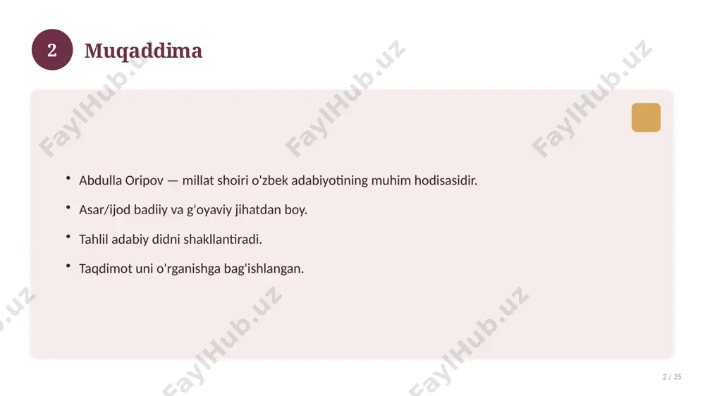 n yechimlar. uzoq muddatli ta'sir. 17 18 amaliy tavsiyalar 18 / 25 tizimli yondashing. ishonchli manbalardan foydalaning. bilimni amaliyotda qo'llang. natijani muntazam baholang. 18 19 tez-tez so'raladigan savollar 19 / 25 asosiy tushuncha nima? u qanday qo'llaniladi? qanday afzalliklari bor? javoblar qisqa va aniq. 19 20 eng yaxshi amaliyotlar 20 / 25 sinovdan o'tgan usullar. samarali yondashuvlar. tajriba almashish. doimiy takomillashtirish. 20 21 muammolar va yechimlar 21 / 25 mavjud muammolar. ularning sabablari. yechim yo'llari. amaliy tavsiyalar. 21 22 asosiy ko'rsatkichlar 22 / 25 ko'rsatkich holati birinchi mezon yaxshi ikkinchi mezon o'rta uchinchi mezon yuqori 22 23 amaliy misol 23 / 25 real hayotdan misol keltiriladi. bosqichlar bilan ko'rsatiladi. natija tahlil qilinadi. amaliy xulosa chiqariladi. 23 24 xulosa 24 / 25 abdulla oripov — millat shoiri bo'yicha asosiy jihatlar yoritildi. mavzu nazariy va amaliy ahamiyatga ega. olingan bilim amaliyotda qo'llaniladi. doimiy o'rganish tavsiya etiladi. 24 25 foydalanilgan adabiyotlar 25 / …