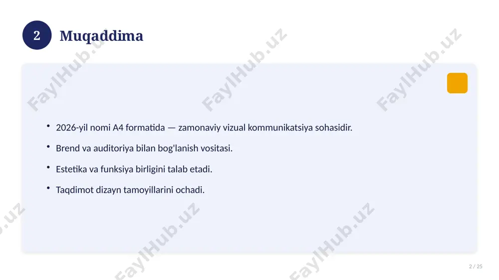 18 19 tez-tez so'raladigan savollar 19 / 25 asosiy tushuncha nima? u qanday qo'llaniladi? qanday afzalliklari bor? javoblar qisqa va aniq. 19 20 eng yaxshi amaliyotlar 20 / 25 sinovdan o'tgan usullar. samarali yondashuvlar. tajriba almashish. doimiy takomillashtirish. 20 21 muammolar va yechimlar 21 / 25 mavjud muammolar. ularning sabablari. yechim yo'llari. amaliy tavsiyalar. 21 22 asosiy ko'rsatkichlar 22 / 25 ko'rsatkich holati birinchi mezon yaxshi ikkinchi mezon o'rta uchinchi mezon yuqori 22 23 amaliy misol 23 / 25 real hayotdan misol keltiriladi. bosqichlar bilan ko'rsatiladi. natija tahlil qilinadi. amaliy xulosa chiqariladi. 23 24 xulosa 24 / 25 2026-yil nomi a4 formatida bo'yicha asosiy jihatlar yoritildi. mavzu nazariy va amaliy ahamiyatga ega. olingan bilim amaliyotda qo'llaniladi. doimiy o'rganish tavsiya etiladi. 24 25 foydalanilgan adabiyotlar 25 / 25 tegishli darslik va o'quv qo'llanmalari. ilmiy maqola va manbalar. internet va elektron resurslar. manba: soff.uz · 2026. 25