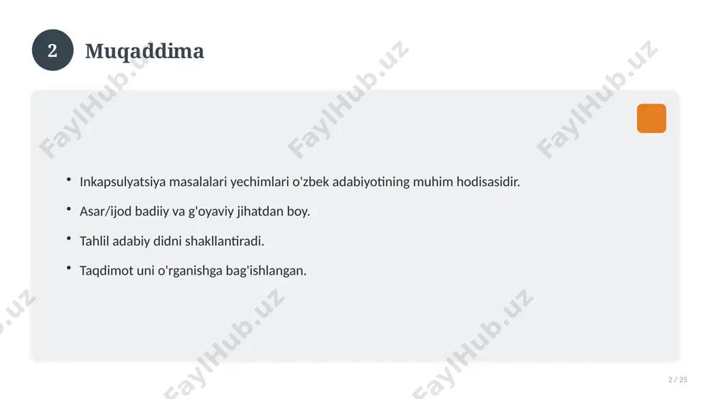 nnovatsion yechimlar. uzoq muddatli ta'sir. 17 18 amaliy tavsiyalar 18 / 25 tizimli yondashing. ishonchli manbalardan foydalaning. bilimni amaliyotda qo'llang. natijani muntazam baholang. 18 19 tez-tez so'raladigan savollar 19 / 25 asosiy tushuncha nima? u qanday qo'llaniladi? qanday afzalliklari bor? javoblar qisqa va aniq. 19 20 eng yaxshi amaliyotlar 20 / 25 sinovdan o'tgan usullar. samarali yondashuvlar. tajriba almashish. doimiy takomillashtirish. 20 21 muammolar va yechimlar 21 / 25 mavjud muammolar. ularning sabablari. yechim yo'llari. amaliy tavsiyalar. 21 22 asosiy ko'rsatkichlar 22 / 25 ko'rsatkich holati birinchi mezon yaxshi ikkinchi mezon o'rta uchinchi mezon yuqori 22 23 amaliy misol 23 / 25 real hayotdan misol keltiriladi. bosqichlar bilan ko'rsatiladi. natija tahlil qilinadi. amaliy xulosa chiqariladi. 23 24 xulosa 24 / 25 inkapsulyatsiya masalalari yechimlari bo'yicha asosiy jihatlar yoritildi. mavzu nazariy va amaliy ahamiyatga ega. olingan bilim amaliyotda qo'llaniladi. doimiy o'rganish tavsiya etiladi. 24 25 foydalanilgan adabiyotlar 25 / 25 tegishli …