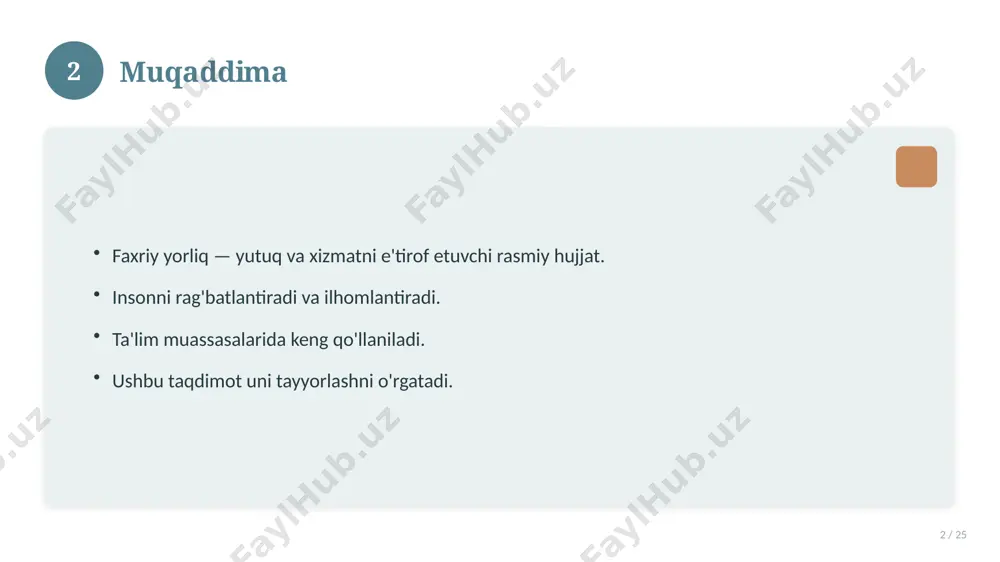 atnni vaziyatga moslang. imloni albatta tekshiring. sifatli qog'ozga chop eting. 14 15 qisqacha takrorlash 15 / 25 asosiy fikrlar. muhim tushunchalar. amaliy jihatlar. yakuniy xulosalar. 15 16 qo'shimcha resurslar 16 / 25 darslik va qo'llanmalar. onlayn manbalar. video darslar. amaliy mashqlar to'plami. 16 17 xatolardan saqlanish 17 / 25 keng tarqalgan xatolar. ularning sabablari. oldini olish yo'llari. to'g'ri yondashuv. 17 18 kelajak istiqbollari 18 / 25 rivojlanish yo'nalishlari. yangi imkoniyatlar. innovatsion yechimlar. uzoq muddatli ta'sir. 18 19 amaliy tavsiyalar 19 / 25 tizimli yondashing. ishonchli manbalardan foydalaning. bilimni amaliyotda qo'llang. natijani muntazam baholang. 19 20 tez-tez so'raladigan savollar 20 / 25 asosiy tushuncha nima? u qanday qo'llaniladi? qanday afzalliklari bor? javoblar qisqa va aniq. 20 21 eng yaxshi amaliyotlar 21 / 25 sinovdan o'tgan usullar. samarali yondashuvlar. tajriba almashish. doimiy takomillashtirish. 21 22 muammolar va yechimlar 22 / 25 mavjud muammolar. ularning sabablari. yechim yo'llari. amaliy tavsiyalar. 22 23 asosiy …