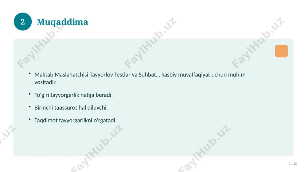 olatga ta'sir ko'rsatgan. 15 16 zamonaviy holati 16 / 25 bugungi kundagi ahvol. yangi yondashuvlar paydo bo'lmoqda. dolzarb tendensiyalar. amaliy qo'llanilishi kengaymoqda. 16 17 qiyosiy tahlil 17 / 25 o'xshash hodisalar bilan solishtirish. umumiy jihatlar aniqlanadi. farqli tomonlar ko'rsatiladi. xulosalar chiqariladi. 17 18 afzallik va kamchiliklar 18 / 25 afzalliklari kamchiliklari samaradorlik murakkablik qulaylik resurs talabi tejamkorlik ayrim cheklovlar 18 19 bosqichma-bosqich yondashuv 19 / 25 1-bosqich: tayyorgarlik. 2-bosqich: amalga oshirish. 3-bosqich: tahlil. 4-bosqich: xulosa. 19 20 amaliy misol 20 / 25 real hayotdan misol keltiriladi. bosqichlar bilan ko'rsatiladi. natija tahlil qilinadi. amaliy xulosa chiqariladi. 20 21 asosiy ko'rsatkichlar 21 / 25 ko'rsatkich holati birinchi mezon yaxshi ikkinchi mezon o'rta uchinchi mezon yuqori 21 22 muammolar va yechimlar 22 / 25 mavjud muammolar. ularning sabablari. yechim yo'llari. amaliy tavsiyalar. 22 23 eng yaxshi amaliyotlar 23 / 25 sinovdan o'tgan usullar. samarali yondashuvlar. tajriba almashish. doimiy takomillashtirish. 23 24 xulosa 24 …