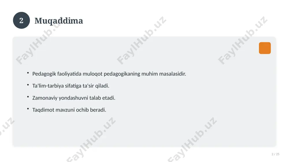 qda. 16 17 qiyosiy tahlil 17 / 25 o'xshash hodisalar bilan solishtirish. umumiy jihatlar aniqlanadi. farqli tomonlar ko'rsatiladi. xulosalar chiqariladi. 17 18 afzallik va kamchiliklar 18 / 25 afzalliklari kamchiliklari samaradorlik murakkablik qulaylik resurs talabi tejamkorlik ayrim cheklovlar 18 19 bosqichma-bosqich yondashuv 19 / 25 1-bosqich: tayyorgarlik. 2-bosqich: amalga oshirish. 3-bosqich: tahlil. 4-bosqich: xulosa. 19 20 amaliy misol 20 / 25 real hayotdan misol keltiriladi. bosqichlar bilan ko'rsatiladi. natija tahlil qilinadi. amaliy xulosa chiqariladi. 20 21 asosiy ko'rsatkichlar 21 / 25 ko'rsatkich holati birinchi mezon yaxshi ikkinchi mezon o'rta uchinchi mezon yuqori 21 22 muammolar va yechimlar 22 / 25 mavjud muammolar. ularning sabablari. yechim yo'llari. amaliy tavsiyalar. 22 23 eng yaxshi amaliyotlar 23 / 25 sinovdan o'tgan usullar. samarali yondashuvlar. tajriba almashish. doimiy takomillashtirish. 23 24 xulosa 24 / 25 pedagogik faoliyatida muloqot bo'yicha asosiy jihatlar yoritildi. mavzu nazariy va amaliy ahamiyatga ega. olingan bilim amaliyotda qo'llaniladi. doimiy o'rganish …