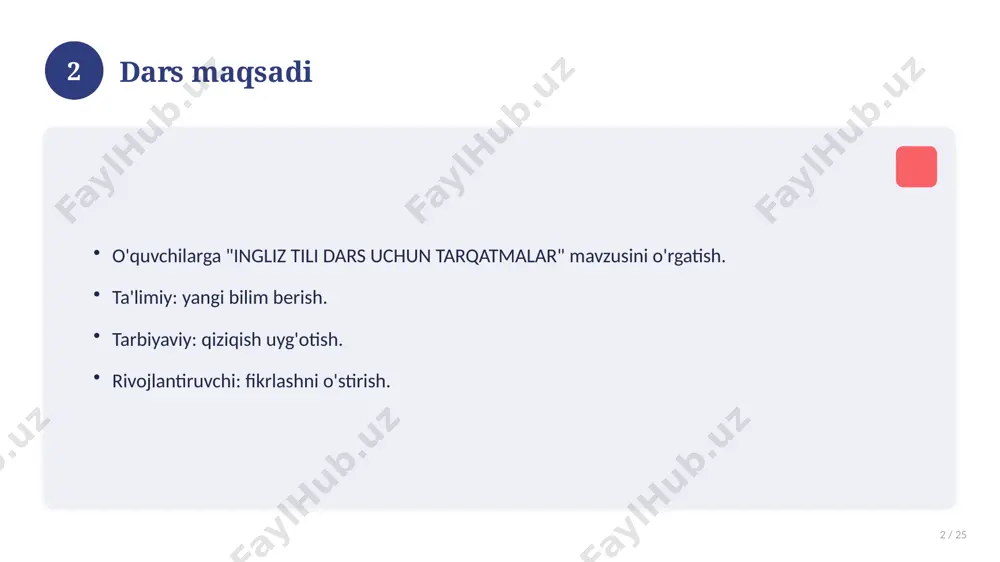 17 / 25 keng tarqalgan xatolar. ularning sabablari. oldini olish yo'llari. to'g'ri yondashuv. 17 18 kelajak istiqbollari 18 / 25 rivojlanish yo'nalishlari. yangi imkoniyatlar. innovatsion yechimlar. uzoq muddatli ta'sir. 18 19 amaliy tavsiyalar 19 / 25 tizimli yondashing. ishonchli manbalardan foydalaning. bilimni amaliyotda qo'llang. natijani muntazam baholang. 19 20 tez-tez so'raladigan savollar 20 / 25 asosiy tushuncha nima? u qanday qo'llaniladi? qanday afzalliklari bor? javoblar qisqa va aniq. 20 21 eng yaxshi amaliyotlar 21 / 25 sinovdan o'tgan usullar. samarali yondashuvlar. tajriba almashish. doimiy takomillashtirish. 21 22 muammolar va yechimlar 22 / 25 mavjud muammolar. ularning sabablari. yechim yo'llari. amaliy tavsiyalar. 22 23 asosiy ko'rsatkichlar 23 / 25 ko'rsatkich holati birinchi mezon yaxshi ikkinchi mezon o'rta uchinchi mezon yuqori 23 24 xulosa 24 / 25 ingliz tili dars uchun tarqatmalar bo'yicha asosiy jihatlar yoritildi. mavzu nazariy va amaliy ahamiyatga ega. olingan bilim amaliyotda qo'llaniladi. doimiy o'rganish tavsiya etiladi. 24 25 …