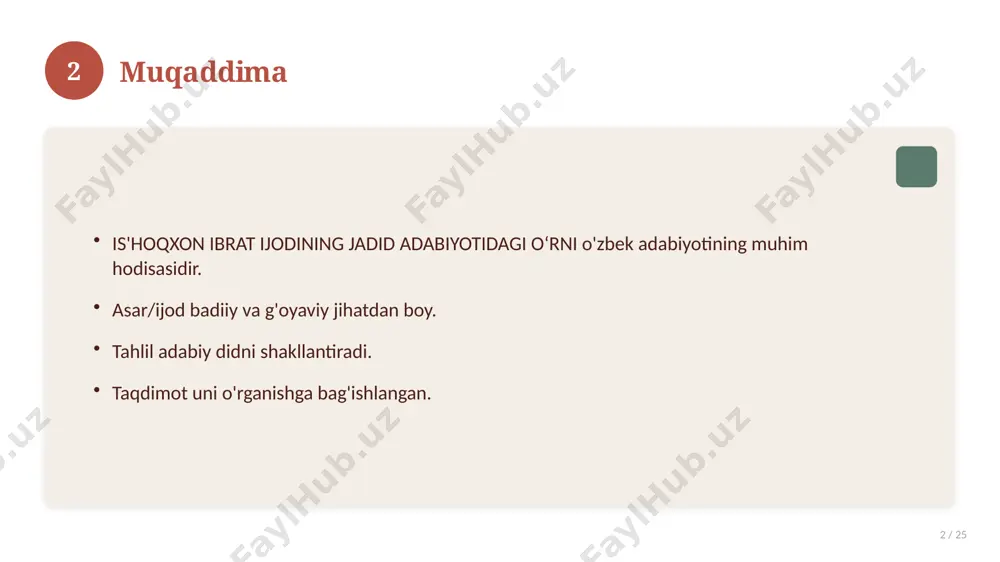 bugungi kundagi ahvol. yangi yondashuvlar paydo bo'lmoqda. dolzarb tendensiyalar. amaliy qo'llanilishi kengaymoqda. 16 17 qiyosiy tahlil 17 / 25 o'xshash hodisalar bilan solishtirish. umumiy jihatlar aniqlanadi. farqli tomonlar ko'rsatiladi. xulosalar chiqariladi. 17 18 afzallik va kamchiliklar 18 / 25 afzalliklari kamchiliklari samaradorlik murakkablik qulaylik resurs talabi tejamkorlik ayrim cheklovlar 18 19 bosqichma-bosqich yondashuv 19 / 25 1-bosqich: tayyorgarlik. 2-bosqich: amalga oshirish. 3-bosqich: tahlil. 4-bosqich: xulosa. 19 20 amaliy misol 20 / 25 real hayotdan misol keltiriladi. bosqichlar bilan ko'rsatiladi. natija tahlil qilinadi. amaliy xulosa chiqariladi. 20 21 asosiy ko'rsatkichlar 21 / 25 ko'rsatkich holati birinchi mezon yaxshi ikkinchi mezon o'rta uchinchi mezon yuqori 21 22 muammolar va yechimlar 22 / 25 mavjud muammolar. ularning sabablari. yechim yo'llari. amaliy tavsiyalar. 22 23 eng yaxshi amaliyotlar 23 / 25 sinovdan o'tgan usullar. samarali yondashuvlar. tajriba almashish. doimiy takomillashtirish. 23 24 xulosa 24 / 25 is'hoqxon ibrat ijodining jadid adabiyotidagi oʻrni bo'yicha asosiy …