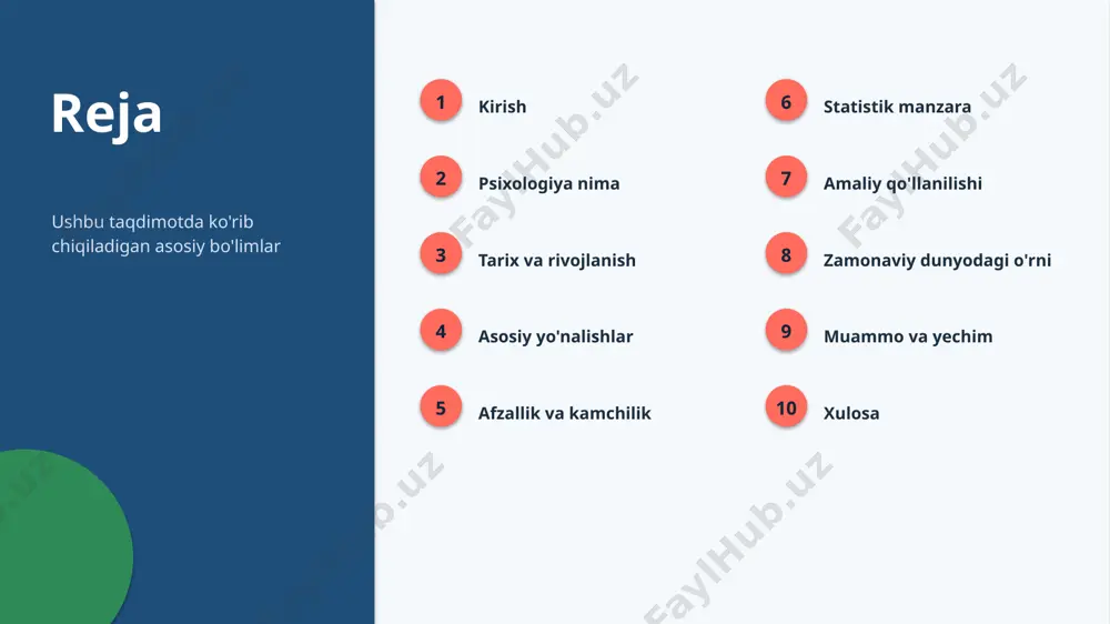 giya rivoji bu sohani kuchaytirmoqda ▪ zamonaviy dunyoda qo'llanilish kengaymoqda ▪ kelajakda ahamiyati yanada ortishi kutiladi amaliyot amaliy qo'llanilishi 1 ta'lim o'qitish va o'rganishda 2 iqtisodiyot biznes va samaradorlikda 3 texnologiya raqamli yechimlarda 4 kundalik hayot amaliy masalalarni hal qilishda kontekst zamonaviy dunyodagi o'rni ▪ zamonaviy dunyoda psixologiya o'ziga xos ahamiyatga ega ▪ mahalliy va global tajriba uyg'unlashtiriladi ▪ o'rta daraja uchun amaliy imkoniyatlar mavjud ▪ hamkorlik va ta'lim — rivojlanish kaliti “ imkoniyat zamonaviy dunyoda psixologiyani rivojlantirish katta salohiyatga ega. muammo va yechim muammolar va yechimlar 1 bilim tanqisligi ta'lim va malaka oshirish 2 resurs cheklovi bosqichma-bosqich joriy etish 3 tezkor o'zgarish doimiy o'rganish va moslashish 4 noto'g'ri qo'llash standart va nazorat xulosa asosiy xulosalar ▪ psixologiya — istiqbolli va dolzarb yo'nalish ▪ nazariya va amaliyot uyg'unligi muhim ▪ zamonaviy dunyoda katta salohiyat mavjud ▪ o'rta daraja uchun bilim va tayyorgarlik — ustunlik manbalar adabiyotlar va manbalar — psixologiya …