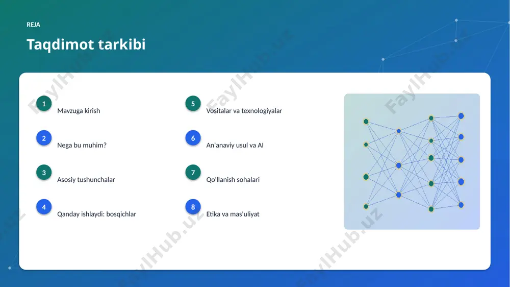 mahalliy til uchun resurslar ishlab chiqilmoqda. “ sun'iy intellekt — vositadir; uning qiymati to'g'ri qo'llanishida. — evolyutsion algoritmlar yordamida ekologiya samaradorligini oshirish misol amaliy misol va natijalar ▸ loyihalarda evolyutsion algoritmlar vaqtni 30-60% qisqartirgan. ▸ xarajatlar sezilarli kamaygan, sifat oshgan. ▸ aniqlik an'anaviy usullardan ustun kelgan. ▸ roi qisqa muddatda namoyon bo'lgan. ▸ mijozlar qoniqishi yuqori bo'lgan. afzallik asosiy afzalliklari 51% samaradorlik o'sishi 27% xarajat kamayishi 94% aniqlik darajasi muammo muammolar va cheklovlar texnik chaqiriqlar • sifatli ma'lumot yetishmasligi • yuqori hisoblash xarajati • modelni izohlash qiyinligi • xavfsizlik va barqarorlik tashkiliy chaqiriqlar • kadrlar tanqisligi • integratsiya murakkabligi • etik va huquqiy masalalar • moslashish zarurati bozor statistika va tendensiyalar ▸ global ai bozori yiliga ~19% o'smoqda. ▸ kompaniyalarning 66% joriy etishni rejalashtirgan. ▸ investitsiyalar rekord darajada ortmoqda. ▸ ekologiya sohada talab tez oʻsmoqda. ▸ ai ko'nikmalariga ehtiyoj yuqori. kelajak kelajak istiqbollari ▸ agentlik va multimodal tizimlar keng tarqaladi. …