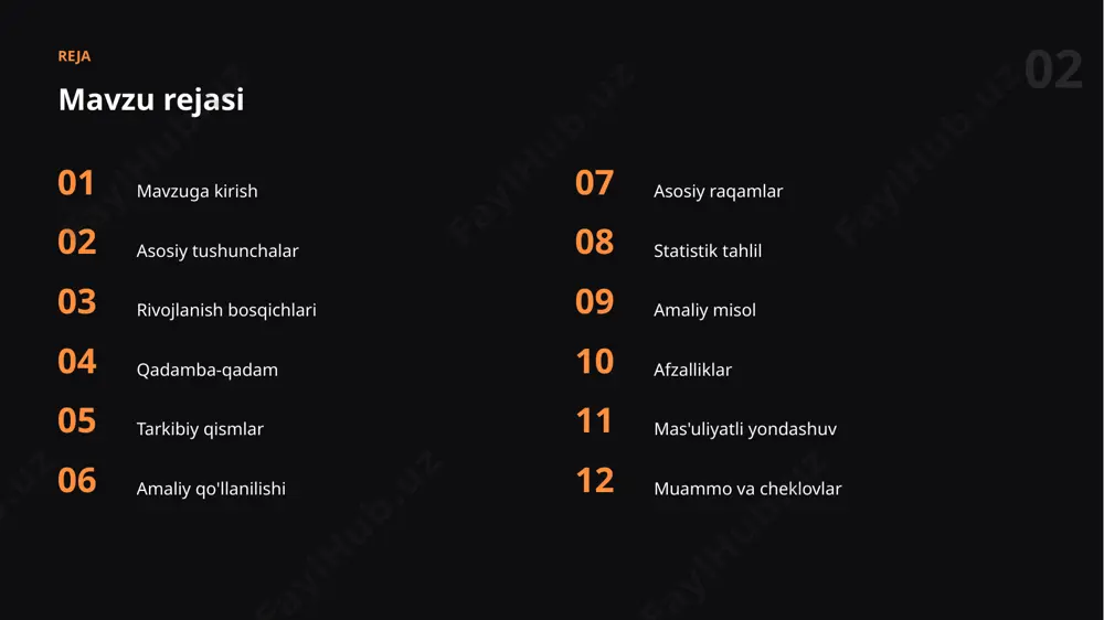 dal modellar va qurilmada ishlovchi samarali ai sari harakatni ko'rsatmoqda. 12 afzalliklar asosiy afzalliklar ✓ natija sifatini oshiradi ✓ vaqtni sezilarli tejaydi ✓ ijod va g'oyalarni boyitadi ✓ hammaga qulay qiladi ✓ xatolarni kamaytiradi 13 mas'uliyat mas'uliyatli yondashuv ✓ shaffoflik va izohlanuvchanlik ✓ maxfiylik va xavfsizlik ✓ adolat va xolislik ✓ inson nazorati ✓ natijani tekshirish 14 cheklovlar muammo va cheklovlar 01 ma'lumot sifatiga bog'liqlik 02 etika va mualliflik masalalari 03 cheklovlarni bilmaslik 04 maxfiylik va xavfsizlik 05 ko'nikma va tajriba talabi 06 natijani tekshirish zarurati 15 tavsiyalar amaliy tavsiyalar 01 kichik va aniq vazifadan boshlang 02 natijani har doim tekshiring 03 muntazam mashq qilib boring 04 misollar va kontekstdan foydalaning 05 bosqichma-bosqich takomillashtiring “ o'rganish va mashq — mahoratning yagona yo'li. xulosa asosiy xulosalar ▪ amaliyot va tajriba muvaffaqiyat kalitidir ▪ to'g'ri usullar natija sifatini oshiradi ▪ bu ko'nikma kelajakda yanada qadrlanadi ▪ multimodallikning o'sishi zamonaviy ko'nikmalarning muhim qismidir …