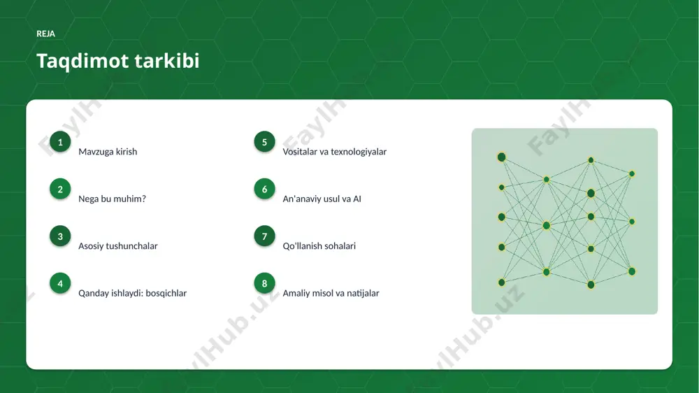 saqlanadi. ▸ standart va qoidalarga rioya etiladi. mahalliy o'zbekiston konteksti ▸ raqamli o'zbekiston-2030 strategiyasi qo'llab-quvvatlaydi. ▸ it-park startaplar uchun sharoit yaratadi. ▸ universitetlarda ai kadrlar tayyorlanmoqda. ▸ turli sohada pilot loyihalar bor. ▸ mahalliy til uchun resurslar ishlab chiqilmoqda. afzallik asosiy afzalliklari 58% samaradorlik o'sishi 46% xarajat kamayishi 90% aniqlik darajasi muammo muammolar va cheklovlar texnik chaqiriqlar • sifatli ma'lumot yetishmasligi • yuqori hisoblash xarajati • modelni izohlash qiyinligi • xavfsizlik va barqarorlik tashkiliy chaqiriqlar • kadrlar tanqisligi • integratsiya murakkabligi • etik va huquqiy masalalar • moslashish zarurati bozor statistika va tendensiyalar ▸ global ai bozori yiliga ~27% o'smoqda. ▸ kompaniyalarning 75% joriy etishni rejalashtirgan. ▸ investitsiyalar rekord darajada ortmoqda. ▸ koʻplab sohada talab tez oʻsmoqda. ▸ ai ko'nikmalariga ehtiyoj yuqori. kelajak kelajak istiqbollari ▸ agentlik va multimodal tizimlar keng tarqaladi. ▸ modellar samaradorligi va tejamkorligi oshadi. ▸ mahalliy va shaxsiylashtirilgan yechimlar ko'payadi. ▸ inson-ai hamkorligi chuqurlashadi. ▸ regulyatsiya …