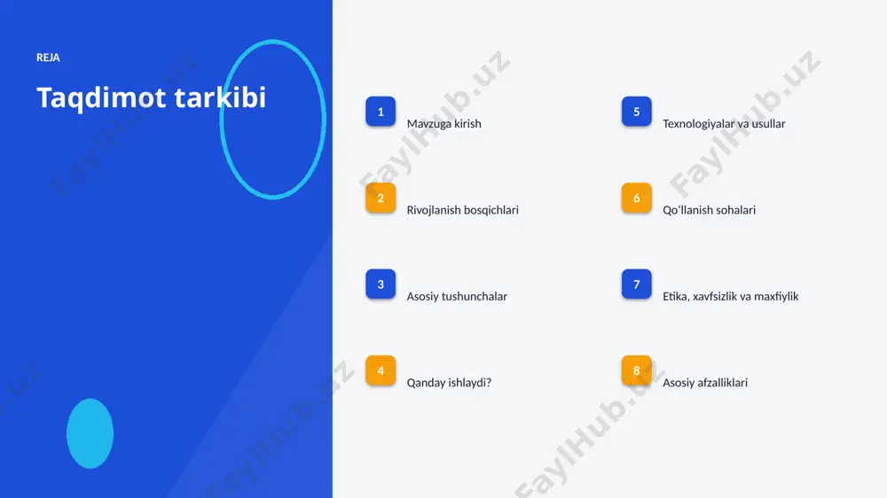 iy etiladi. texnologiya texnologiyalar va usullar ▪ shovqin va denoising optimallashtirilgan algoritmlar bilan ishlanadi. ▪ zamonaviy diffuziya modellari usullari aniqlikni sezilarli oshiradi. ▪ bulutli platformalar masshtablash va tez joriy etishni taʼminlaydi. ▪ gpu/tpu akseleratorlari oʻqitish vaqtini qisqartiradi. ▪ tayyor kutubxonalar (tensorflow, pytorch) ishlab chiqishni tezlashtiradi. amaliyot qoʻllanish sohalari ▪ rasm yaratish — eng keng tarqalgan amaliy yoʻnalishlardan biri. ▪ video jarayonlarni tezlashtiradi va xatolarni kamaytiradi. ▪ audio yangi qiymat va xizmatlar yaratadi. ▪ 3d model resurslardan oqilona foydalanishga yordam beradi. ▪ sugʻurta sohasida bu texnologiya raqobat ustunligini taʼminlaydi. etika etika, xavfsizlik va maxfiylik ▪ maʼlumotlar maxfiyligi va shaxsiy axborot himoyasi ustuvor. ▪ algoritmik noxolislik (bias) nazorat qilinishi shart. ▪ qarorlar shaffof va tushuntiriladigan boʻlishi kerak. ▪ inson nazorati muhim qarorlarda saqlanib qolishi lozim. ▪ tartibga solish va standartlarga rioya etish zarur. 02 natijalar va istiqbol afzalliklar, muammolar, statistika va kelajak afzallik asosiy afzalliklari 39% samaradorlik oshishi 3x tezroq qaror qabul …