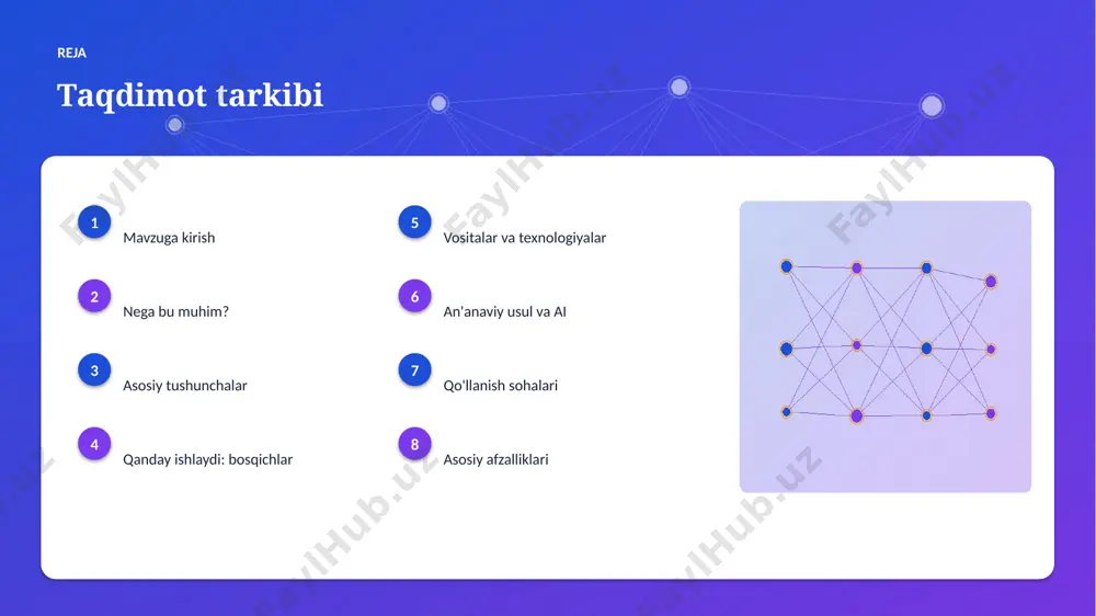 koʻplab sohada talab tez oʻsmoqda. ▸ ai ko'nikmalariga ehtiyoj yuqori. kelajak kelajak istiqbollari ▸ agentlik va multimodal tizimlar keng tarqaladi. ▸ modellar samaradorligi va tejamkorligi oshadi. ▸ mahalliy va shaxsiylashtirilgan yechimlar ko'payadi. ▸ inson-ai hamkorligi chuqurlashadi. ▸ regulyatsiya va standartlar shakllanadi. xulosa xulosa va tavsiyalar ▸ toʻda intellekti nima? sodda tushuntirish — strategik ahamiyatga ega yo'nalish. ▸ ma'lumot sifati va etika muvaffaqiyat kaliti. ▸ bosqichma-bosqich joriy etish xavfni kamaytiradi. ▸ kadrlar malakasiga investitsiya zarur. ▸ doimiy monitoring va takomillashtirish talab etiladi. e'tiboringiz uchun rahmat! toʻda intellekti nima? sodda tushuntirish savollar & muhokama image1.jpg image2.jpg image3.jpg image4.jpg image5.jpg image6.jpg image7.jpg image8.jpg image9.jpg image10.jpg image11.jpg image12.jpg image13.jpg image14.jpg image15.jpg image16.jpg image17.jpg image18.jpg image19.jpg image20.jpg image21.jpg image22.jpg image23.jpg image24.jpg image25.jpg image26.jpg