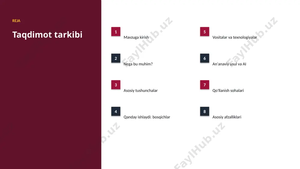 ompaniyalarning 70% joriy etishni rejalashtirgan. ▪ investitsiyalar rekord darajada ortmoqda. ▪ telekommunikatsiya sohada talab tez oʻsmoqda. ▪ ai ko'nikmalariga ehtiyoj yuqori. kelajak kelajak istiqbollari ▪ agentlik va multimodal tizimlar keng tarqaladi. ▪ modellar samaradorligi va tejamkorligi oshadi. ▪ mahalliy va shaxsiylashtirilgan yechimlar ko'payadi. ▪ inson-ai hamkorligi chuqurlashadi. ▪ regulyatsiya va standartlar shakllanadi. xulosa xulosa va tavsiyalar ▪ telekommunikatsiya uchun tavsiya tizimlari: bosqichma-bosqich qo'llanma — strategik ahamiyatga ega yo'nalish. ▪ ma'lumot sifati va etika muvaffaqiyat kaliti. ▪ bosqichma-bosqich joriy etish xavfni kamaytiradi. ▪ kadrlar malakasiga investitsiya zarur. ▪ doimiy monitoring va takomillashtirish talab etiladi. e'tiboringiz uchun rahmat! telekommunikatsiya uchun tavsiya tizimlari: bosqichma-bosqich qo'llanma savollar & muhokama image1.jpg image2.jpg image3.jpg image4.jpg image5.jpg image6.jpg image7.jpg image8.jpg image9.jpg