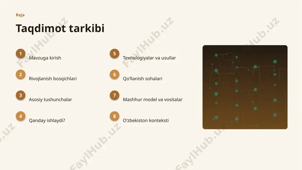 yechim amaliyotga joriy etiladi. texnologiya texnologiyalar va usullar ▸ bilimlar bazasi va qoidalar optimallashtirilgan algoritmlar bilan ishlanadi. ▸ gpu/tpu akseleratorlari oʻqitish vaqtini qisqartiradi. ▸ open-source modellar kirish toʻsigʻini pasaytiradi. ▸ bulutli platformalar masshtablash va tez joriy etishni taʼminlaydi. ▸ tayyor kutubxonalar (tensorflow, pytorch) ishlab chiqishni tezlashtiradi. amaliyot qoʻllanish sohalari ▸ tibbiy tashxis — eng keng tarqalgan amaliy yoʻnalishlardan biri. ▸ diagnostika jarayonlarni tezlashtiradi va xatolarni kamaytiradi. ▸ konsalting yangi qiymat va xizmatlar yaratadi. ▸ taʼlim resurslardan oqilona foydalanishga yordam beradi. ▸ mudofaa sohasida bu texnologiya raqobat ustunligini taʼminlaydi. modellar mashhur model va vositalar ▸ gpt oilasi — matn generatsiyasi va suhbat agentlari. ▸ bert — matnni chuqur tushunish va tasniflash. ▸ stable diffusion — matndan rasm yaratish. ▸ tensorflow va pytorch — ishlab chiqish freymvorklari. ▸ hugging face — ochiq modellar ekotizimi. mahalliy oʻzbekiston konteksti ▸ raqamli oʻzbekiston-2030 strategiyasi ai rivojini qoʻllab-quvvatlaydi. ▸ it-park va texnoparklar startaplar uchun sharoit yaratmoqda. …