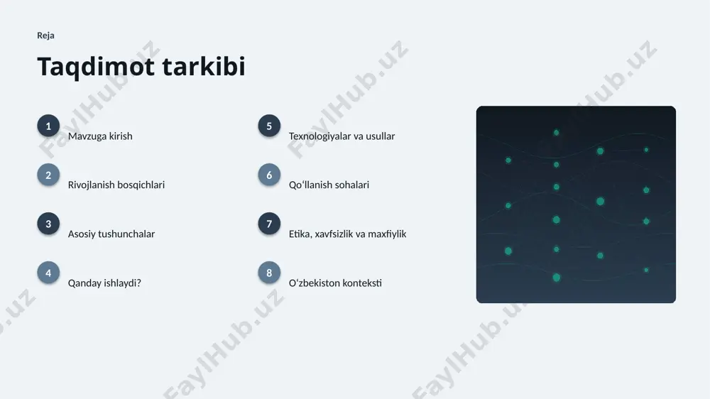 texnologiya texnologiyalar va usullar ▸ matn yaratish va fakt tekshirish optimallashtirilgan algoritmlar bilan ishlanadi. ▸ bulutli platformalar masshtablash va tez joriy etishni taʼminlaydi. ▸ gpu/tpu akseleratorlari oʻqitish vaqtini qisqartiradi. ▸ zamonaviy sunʼiy intellekt usullari aniqlikni sezilarli oshiradi. ▸ open-source modellar kirish toʻsigʻini pasaytiradi. amaliyot qoʻllanish sohalari ▸ matn yaratish — eng keng tarqalgan amaliy yoʻnalishlardan biri. ▸ fakt tekshirish jarayonlarni tezlashtiradi va xatolarni kamaytiradi. ▸ trend tahlili yangi qiymat va xizmatlar yaratadi. ▸ tarjima resurslardan oqilona foydalanishga yordam beradi. ▸ jurnalistika sohasida bu texnologiya raqobat ustunligini taʼminlaydi. etika etika, xavfsizlik va maxfiylik ▸ maʼlumotlar maxfiyligi va shaxsiy axborot himoyasi ustuvor. ▸ algoritmik noxolislik (bias) nazorat qilinishi shart. ▸ qarorlar shaffof va tushuntiriladigan boʻlishi kerak. ▸ inson nazorati muhim qarorlarda saqlanib qolishi lozim. ▸ tartibga solish va standartlarga rioya etish zarur. mahalliy oʻzbekiston konteksti ▸ raqamli oʻzbekiston-2030 strategiyasi ai rivojini qoʻllab-quvvatlaydi. ▸ it-park va texnoparklar startaplar uchun sharoit yaratmoqda. ▸ universitetlarda …