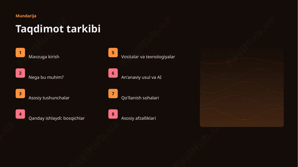 moqda. ▹ koʻplab sohada talab tez oʻsmoqda. ▹ ai ko'nikmalariga ehtiyoj yuqori. kelajak kelajak istiqbollari ▹ agentlik va multimodal tizimlar keng tarqaladi. ▹ modellar samaradorligi va tejamkorligi oshadi. ▹ mahalliy va shaxsiylashtirilgan yechimlar ko'payadi. ▹ inson-ai hamkorligi chuqurlashadi. ▹ regulyatsiya va standartlar shakllanadi. xulosa xulosa va tavsiyalar ▹ generativ raqobat tarmoqlari: ilg'or texnikalari — strategik ahamiyatga ega yo'nalish. ▹ ma'lumot sifati va etika muvaffaqiyat kaliti. ▹ bosqichma-bosqich joriy etish xavfni kamaytiradi. ▹ kadrlar malakasiga investitsiya zarur. ▹ doimiy monitoring va takomillashtirish talab etiladi. e'tiboringiz uchun rahmat! generativ raqobat tarmoqlari: ilg'or texnikalari savollar & muhokama image1.jpg image2.jpg image3.jpg image4.jpg image5.jpg image6.jpg image7.jpg image8.jpg image9.jpg image10.jpg image11.jpg image12.jpg image13.jpg image14.jpg image15.jpg