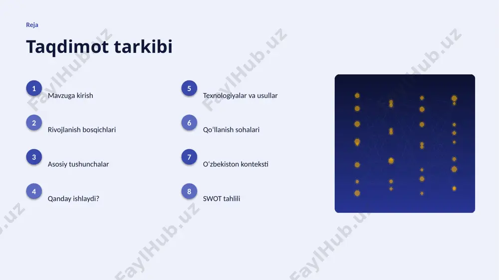 texnologiya texnologiyalar va usullar ▸ gpu/tpu akseleratorlari oʻqitish vaqtini qisqartiradi. ▸ open-source modellar kirish toʻsigʻini pasaytiradi. ▸ generator va diskriminator optimallashtirilgan algoritmlar bilan ishlanadi. ▸ bulutli platformalar masshtablash va tez joriy etishni taʼminlaydi. ▸ tayyor kutubxonalar (tensorflow, pytorch) ishlab chiqishni tezlashtiradi. amaliyot qoʻllanish sohalari ▸ realistik rasm — eng keng tarqalgan amaliy yoʻnalishlardan biri. ▸ uslub koʻchirish jarayonlarni tezlashtiradi va xatolarni kamaytiradi. ▸ maʼlumot kengaytirish yangi qiymat va xizmatlar yaratadi. ▸ dizayn resurslardan oqilona foydalanishga yordam beradi. ▸ aviatsiya sohasida bu texnologiya raqobat ustunligini taʼminlaydi. mahalliy oʻzbekiston konteksti ▸ raqamli oʻzbekiston-2030 strategiyasi ai rivojini qoʻllab-quvvatlaydi. ▸ it-park va texnoparklar startaplar uchun sharoit yaratmoqda. ▸ universitetlarda ai yoʻnalishlari va kadrlar tayyorlanmoqda. ▸ aviatsiya sohalarida pilot loyihalar joriy etilmoqda. ▸ mahalliy til uchun resurslar va modellar ishlab chiqilmoqda. tahlil swot tahlili kuchli tomonlar • yuqori aniqlik va tezlik • avtomatlashtirish imkoni • masshtablanuvchanlik • doimiy takomillashish imkoniyat va xavflar • yangi bozorlar …