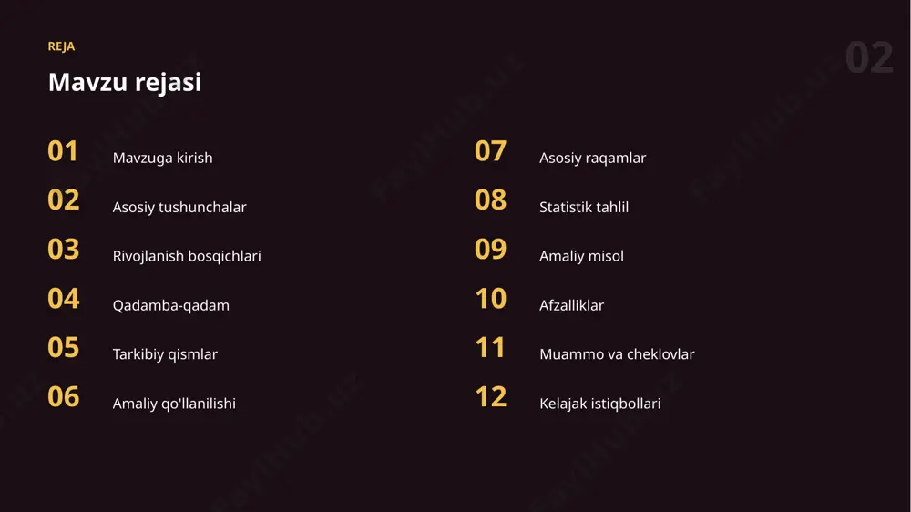 n neyron tarmoqlardagi hisob-kitoblar asosan matritsa ko'paytmalaridan iborat — shuning uchun chiziqli algebra ai uchun zarur. 12 afzalliklar asosiy afzalliklar ✓ natija sifatini oshiradi ✓ takroriy ishni avtomatlashtiradi ✓ mahsuldorlikni oshiradi ✓ xatolarni kamaytiradi ✓ hammaga qulay qiladi 13 cheklovlar muammo va cheklovlar 01 etika va mualliflik masalalari 02 ko'nikma va tajriba talabi 03 maxfiylik va xavfsizlik 04 haddan tashqari ishonish xavfi 05 natijani tekshirish zarurati 06 cheklovlarni bilmaslik 14 istiqbol kelajak istiqbollari ▪ mas'uliyatli va xavfsiz qo'llash ▪ kundalik ishga chuqur integratsiya ▪ shaxsiylashtirilgan yechimlar ▪ hamma uchun ochiqlik ▪ yanada qulay va kuchli vositalar 15 tavsiyalar amaliy tavsiyalar 01 natijani har doim tekshiring 02 maxfiylik va etikani unutmang 03 muntazam mashq qilib boring 04 bosqichma-bosqich takomillashtiring 05 kichik va aniq vazifadan boshlang “ ai da chiziqli algebra — bugungi eng qadrli amaliy ko'nikmalardan biri. xulosa asosiy xulosalar ▪ to'g'ri usullar natija sifatini oshiradi ▪ ai da chiziqli algebra …
