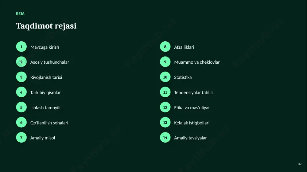 jozlarni segmentlarga ajratish ▪ tibbiy tashxis va risk baholash ▪ narx va zaxirani optimallash 08 amaliy misol amaliy misol va tahlil netflix va youtube foydalanuvchi xulqini tahlil qilib, mashinali o'qitish orqali shaxsiy tavsiyalar shakllantiradi. bu ko'rishlar sonini va foydalanuvchi qoniqishini sezilarli oshiradi. 09 afzalliklari asosiy afzalliklari ✓ jarayonlarni tezlashtirish va avtomatlashtirish ✓ inson xatolarini sezilarli kamaytirish ✓ shaxsiylashtirilgan yechimlar taqdim etish ✓ 24/7 uzluksiz ishlash imkoniyati ✓ aniqlik va sifatni oshirish ✓ yangi imkoniyat va innovatsiyalarni ochish 10 muammolar muammo va cheklovlar 01 natijalarning izohlanuvchanligi muammosi 02 yuqori hisoblash resurslariga ehtiyoj 03 malakali mutaxassislar yetishmasligi 04 sifatli va yetarli ma'lumot zarurligi 05 algoritmik xolislik va adolat masalalari 06 maxfiylik va ma'lumotlar xavfsizligi 11 statistika statistika va ko'rsatkichlar 80% loyihalar ma'lumot sifatiga bog'liq 2.5x roi o'rtacha o'sishi 90% aniqlik zamonaviy modellarda 12 tendensiyalar o'sish va tendensiyalar tahlili ko'rsatkichlar so'nggi yillarda barqaror o'sish tendensiyasini ko'rsatmoqda. 13 etika etika va mas'uliyatli yondashuv ▪ …