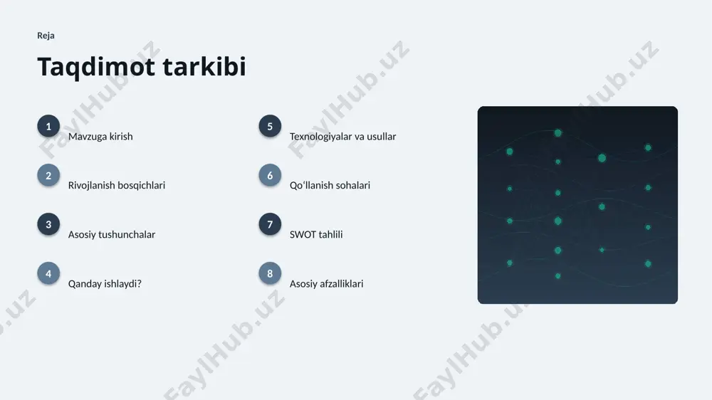 riladi. ▸ 4-bosqich: bajarish — natijalar tekshiriladi va oʻlchanadi. ▸ 5-bosqich: refleksiya — yechim amaliyotga joriy etiladi. texnologiya texnologiyalar va usullar ▸ gpu/tpu akseleratorlari oʻqitish vaqtini qisqartiradi. ▸ bulutli platformalar masshtablash va tez joriy etishni taʼminlaydi. ▸ zamonaviy ai agentlari usullari aniqlikni sezilarli oshiradi. ▸ tayyor kutubxonalar (tensorflow, pytorch) ishlab chiqishni tezlashtiradi. ▸ reja va vosita optimallashtirilgan algoritmlar bilan ishlanadi. amaliyot qoʻllanish sohalari ▸ avtomatlashtirish — eng keng tarqalgan amaliy yoʻnalishlardan biri. ▸ biznes jarayonlar jarayonlarni tezlashtiradi va xatolarni kamaytiradi. ▸ qidiruv yangi qiymat va xizmatlar yaratadi. ▸ yordamchilar resurslardan oqilona foydalanishga yordam beradi. ▸ koʻchmas mulk sohasida bu texnologiya raqobat ustunligini taʼminlaydi. tahlil swot tahlili kuchli tomonlar • yuqori aniqlik va tezlik • avtomatlashtirish imkoni • masshtablanuvchanlik • doimiy takomillashish imkoniyat va xavflar • yangi bozorlar va xizmatlar • maʼlumot yetishmasligi xavfi • etik va huquqiy masalalar • malakali kadrlarga ehtiyoj 02 natijalar va istiqbol afzalliklar, muammolar, statistika va …