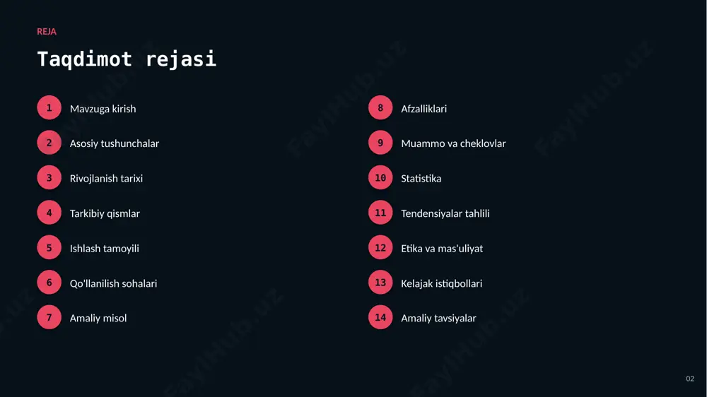 moslashtirish ▪ o'yinlarni avtomatik testlash ▪ real vaqt strategiyasi 08 amaliy misol amaliy misol va tahlil deepmind yaratgan tizimlar murakkab strategik o'yinlarda jahon chempionlarini yengib, mustahkamlovchi o'qitishning kuchini namoyish etdi. 09 afzalliklari asosiy afzalliklari ✓ yangi imkoniyat va innovatsiyalarni ochish ✓ xarajatlarni optimallashtirish ✓ 24/7 uzluksiz ishlash imkoniyati ✓ inson xatolarini sezilarli kamaytirish ✓ katta hajmdagi ma'lumotni tez tahlil qilish ✓ aniqlik va sifatni oshirish 10 muammolar muammo va cheklovlar 01 algoritmik xolislik va adolat masalalari 02 yuqori hisoblash resurslariga ehtiyoj 03 maxfiylik va ma'lumotlar xavfsizligi 04 malakali mutaxassislar yetishmasligi 05 natijalarning izohlanuvchanligi muammosi 06 sifatli va yetarli ma'lumot zarurligi 11 statistika statistika va ko'rsatkichlar 2016 alphago g'alabasi $300b o'yin sanoati hajmi 3b+ o'yinchilar dunyoda 12 tendensiyalar o'sish va tendensiyalar tahlili ko'rsatkichlar so'nggi yillarda barqaror o'sish tendensiyasini ko'rsatmoqda. 13 etika etika va mas'uliyatli yondashuv ▪ shaffoflik va qaror izohlanuvchanligi ▪ maxfiylik va shaxsiy ma'lumotlar himoyasi ▪ algoritmik adolat va xolislikni …