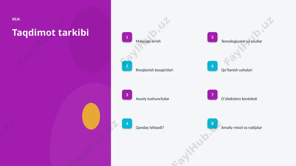 oʻlchanadi. ▪ 5-bosqich: baholash — yechim amaliyotga joriy etiladi. texnologiya texnologiyalar va usullar ▪ gpu/tpu akseleratorlari oʻqitish vaqtini qisqartiradi. ▪ zamonaviy mashinali oʻrganish usullari aniqlikni sezilarli oshiradi. ▪ tayyor kutubxonalar (tensorflow, pytorch) ishlab chiqishni tezlashtiradi. ▪ open-source modellar kirish toʻsigʻini pasaytiradi. ▪ algoritm va model optimallashtirilgan algoritmlar bilan ishlanadi. amaliyot qoʻllanish sohalari ▪ bashoratli tahlil — eng keng tarqalgan amaliy yoʻnalishlardan biri. ▪ tasniflash jarayonlarni tezlashtiradi va xatolarni kamaytiradi. ▪ klasterlash yangi qiymat va xizmatlar yaratadi. ▪ tavsiyalar resurslardan oqilona foydalanishga yordam beradi. ▪ transport sohasida bu texnologiya raqobat ustunligini taʼminlaydi. mahalliy oʻzbekiston konteksti ▪ raqamli oʻzbekiston-2030 strategiyasi ai rivojini qoʻllab-quvvatlaydi. ▪ it-park va texnoparklar startaplar uchun sharoit yaratmoqda. ▪ universitetlarda ai yoʻnalishlari va kadrlar tayyorlanmoqda. ▪ transport sohalarida pilot loyihalar joriy etilmoqda. ▪ mahalliy til uchun resurslar va modellar ishlab chiqilmoqda. misol amaliy misol va natijalar ▪ real loyihalarda mashinali oʻrganish jarayon vaqtini 30–60% qisqartirgan. ▪ transport korxonalari xarajatlarni …
