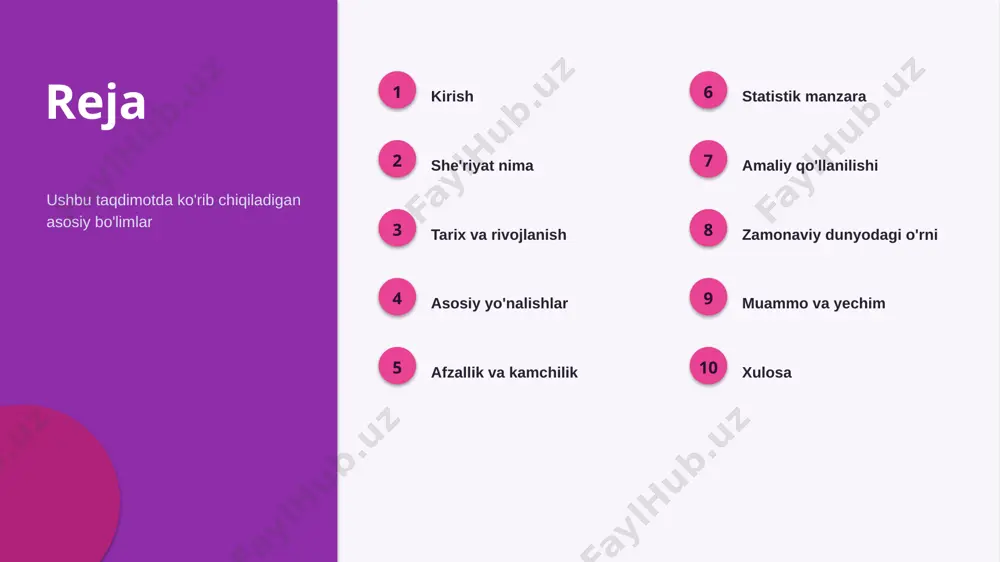 ni kuchaytirmoqda ▪ zamonaviy dunyoda qo'llanilish kengaymoqda ▪ kelajakda ahamiyati yanada ortishi kutiladi amaliyot amaliy qo'llanilishi 1 ta'lim o'qitish va o'rganishda 2 iqtisodiyot biznes va samaradorlikda 3 texnologiya raqamli yechimlarda 4 kundalik hayot amaliy masalalarni hal qilishda kontekst zamonaviy dunyodagi o'rni ▪ zamonaviy dunyoda she'riyat o'ziga xos ahamiyatga ega ▪ mahalliy va global tajriba uyg'unlashtiriladi ▪ tadbirkorlar uchun amaliy imkoniyatlar mavjud ▪ hamkorlik va ta'lim — rivojlanish kaliti “ imkoniyat zamonaviy dunyoda she'riyatni rivojlantirish katta salohiyatga ega. muammo va yechim muammolar va yechimlar 1 bilim tanqisligi ta'lim va malaka oshirish 2 resurs cheklovi bosqichma-bosqich joriy etish 3 tezkor o'zgarish doimiy o'rganish va moslashish 4 noto'g'ri qo'llash standart va nazorat xulosa asosiy xulosalar ▪ she'riyat — istiqbolli va dolzarb yo'nalish ▪ nazariya va amaliyot uyg'unligi muhim ▪ zamonaviy dunyoda katta salohiyat mavjud ▪ tadbirkorlar uchun bilim va tayyorgarlik — ustunlik manbalar adabiyotlar va manbalar — she'riyat bo'yicha ilmiy va o'quv manbalari …