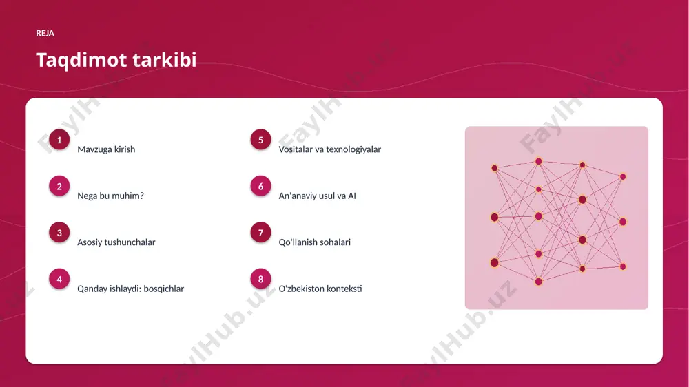 o'lgan. ▸ mijozlar qoniqishi yuqori bo'lgan. “ sun'iy intellekt savodxonligi — xxi asrning asosiy ko'nikmasi. — generativ sunʼiy intellekt yordamida moliya samaradorligini oshirish etika etika va mas'uliyat ▸ ma'lumot maxfiyligi va himoyasi ustuvor. ▸ algoritmik noxolislik nazorat qilinishi shart. ▸ qarorlar shaffof va tushuntiriladigan bo'lishi kerak. ▸ inson nazorati muhim qarorlarda saqlanadi. ▸ standart va qoidalarga rioya etiladi. afzallik asosiy afzalliklari 64% samaradorlik o'sishi 21% xarajat kamayishi 97% aniqlik darajasi muammo muammolar va cheklovlar texnik chaqiriqlar • sifatli ma'lumot yetishmasligi • yuqori hisoblash xarajati • modelni izohlash qiyinligi • xavfsizlik va barqarorlik tashkiliy chaqiriqlar • kadrlar tanqisligi • integratsiya murakkabligi • etik va huquqiy masalalar • moslashish zarurati bozor statistika va tendensiyalar ▸ global ai bozori yiliga ~30% o'smoqda. ▸ kompaniyalarning 77% joriy etishni rejalashtirgan. ▸ investitsiyalar rekord darajada ortmoqda. ▸ moliya sohada talab tez oʻsmoqda. ▸ ai ko'nikmalariga ehtiyoj yuqori. kelajak kelajak istiqbollari ▸ agentlik va multimodal tizimlar keng …