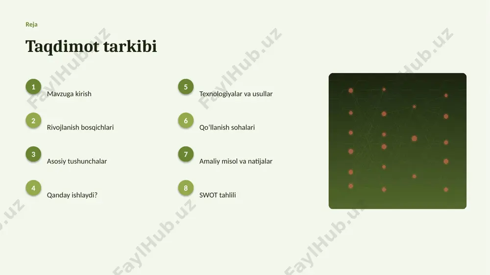 platformalar masshtablash va tez joriy etishni taʼminlaydi. ▸ gpu/tpu akseleratorlari oʻqitish vaqtini qisqartiradi. ▸ tayyor kutubxonalar (tensorflow, pytorch) ishlab chiqishni tezlashtiradi. ▸ open-source modellar kirish toʻsigʻini pasaytiradi. ▸ zamonaviy sunʼiy intellekt usullari aniqlikni sezilarli oshiradi. amaliyot qoʻllanish sohalari ▸ kompozitsiya — eng keng tarqalgan amaliy yoʻnalishlardan biri. ▸ mastering jarayonlarni tezlashtiradi va xatolarni kamaytiradi. ▸ tavsiya yangi qiymat va xizmatlar yaratadi. ▸ ovoz sintezi resurslardan oqilona foydalanishga yordam beradi. ▸ musiqa sohasida bu texnologiya raqobat ustunligini taʼminlaydi. misol amaliy misol va natijalar ▸ real loyihalarda sunʼiy intellekt jarayon vaqtini 30–60% qisqartirgan. ▸ musiqa korxonalari xarajatlarni sezilarli kamaytirgan. ▸ aniqlik koʻrsatkichlari anʼanaviy usullardan ustun keladi. ▸ mijozlar qoniqishi va xizmat sifati oshgan. ▸ investitsiya qaytimi (roi) qisqa muddatda namoyon boʻladi. tahlil swot tahlili kuchli tomonlar • yuqori aniqlik va tezlik • avtomatlashtirish imkoni • masshtablanuvchanlik • doimiy takomillashish imkoniyat va xavflar • yangi bozorlar va xizmatlar • maʼlumot yetishmasligi xavfi • …