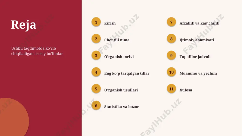 (2025) 50.5 mln duolingo kunlik faol foydalanuvchi 5-20% ko'p tilli xodim maosh ustunligi 4-5 yil dementiyani kechiktirish manbalar: gminsights, duolingo q3 2025 hisoboti, the economist. ko'rsatkichlar taxminiy. baho afzallik va qiyinchiliklar afzalliklari kamchiliklari ✔ yangi ish va martaba imkoniyatlari ✔ miya faolligi va xotira yaxshilanadi ✔ madaniyatlararo muloqot va sayohat ✔ ta'lim va ilmiy manbalarga kirish ✘ muntazam mashq va vaqt talab qiladi ✘ til muhiti yo'qligi sekinlashtiradi ✘ motivatsiyani uzoq saqlash qiyin ✘ sifatli resurs va ustoz kerak ahamiyati ijtimoiy ahamiyati "til bilgan — el biladi": har bir til yangi dunyoga ochilgan eshik. ▪ 89% kishi ko'p tilli xodim qiymat qo'shadi deb hisoblaydi ▪ 88% ish beruvchi ko'p tilli nomzodni afzal ko'radi ▪ bilingvlarda insultdan keyin tiklanish 2 baravar yuqori ▪ til — milliy diplomatiya va xalqaro savdo vositasi ▪ yoshlar uchun global mehnat bozoriga yo'l reyting eng ko'p so'zlashiladigan tillar (2025) til umumiy so'zlovchi asosiy mintaqa ingliz ~1.5 …
