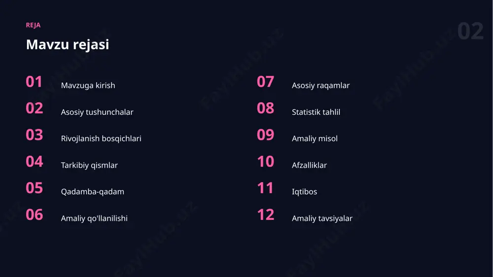 arishga olib chiqib, uning barqaror va aniq ishlashini ta'minlaydi. 12 afzalliklar asosiy afzalliklar ✓ vaqtni sezilarli tejaydi ✓ hammaga qulay qiladi ✓ mahsuldorlikni oshiradi ✓ o'rganishni tezlashtiradi ✓ natija sifatini oshiradi “ sun'iy intellekt — inson imkoniyatlarini kuchaytiruvchi hamkor. 14 tavsiyalar amaliy tavsiyalar 01 natijani har doim tekshiring 02 maxfiylik va etikani unutmang 03 bosqichma-bosqich takomillashtiring 04 kichik va aniq vazifadan boshlang 05 muntazam mashq qilib boring 15 cheklovlar muammo va cheklovlar 01 haddan tashqari ishonish xavfi 02 ko'nikma va tajriba talabi 03 ma'lumot sifatiga bog'liqlik 04 natijani tekshirish zarurati 05 noto'g'ri yoki noaniq natijalar 06 etika va mualliflik masalalari 16 istiqbol kelajak istiqbollari ▪ hamma uchun ochiqlik ▪ shaxsiylashtirilgan yechimlar ▪ avtonom va aqlli yordamchilar ▪ yanada qulay va kuchli vositalar ▪ mas'uliyatli va xavfsiz qo'llash 17 mas'uliyat mas'uliyatli yondashuv ✓ shaffoflik va izohlanuvchanlik ✓ maxfiylik va xavfsizlik ✓ adolat va xolislik ✓ inson nazorati ✓ natijani tekshirish xulosa …