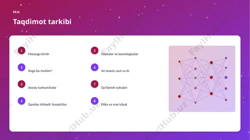da pilot loyihalar bor. ▸ mahalliy til uchun resurslar ishlab chiqilmoqda. misol amaliy misol va natijalar ▸ loyihalarda gan vaqtni 30-60% qisqartirgan. ▸ xarajatlar sezilarli kamaygan, sifat oshgan. ▸ aniqlik an'anaviy usullardan ustun kelgan. ▸ roi qisqa muddatda namoyon bo'lgan. ▸ mijozlar qoniqishi yuqori bo'lgan. afzallik asosiy afzalliklari 69% samaradorlik o'sishi 26% xarajat kamayishi 96% aniqlik darajasi muammo muammolar va cheklovlar texnik chaqiriqlar • sifatli ma'lumot yetishmasligi • yuqori hisoblash xarajati • modelni izohlash qiyinligi • xavfsizlik va barqarorlik tashkiliy chaqiriqlar • kadrlar tanqisligi • integratsiya murakkabligi • etik va huquqiy masalalar • moslashish zarurati bozor statistika va tendensiyalar ▸ global ai bozori yiliga ~34% o'smoqda. ▸ kompaniyalarning 64% joriy etishni rejalashtirgan. ▸ investitsiyalar rekord darajada ortmoqda. ▸ qurilish sohada talab tez oʻsmoqda. ▸ ai ko'nikmalariga ehtiyoj yuqori. kelajak kelajak istiqbollari ▸ agentlik va multimodal tizimlar keng tarqaladi. ▸ modellar samaradorligi va tejamkorligi oshadi. ▸ mahalliy va shaxsiylashtirilgan yechimlar ko'payadi. …