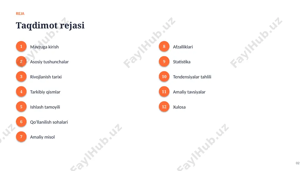 generativ kontent yaratish 08 amaliy misol amaliy misol va tahlil alphafold chuqur o'rganish yordamida oqsillarning fazoviy tuzilishini yuqori aniqlikda bashorat qildi va bu biologiya hamda dori ishlab chiqarishda inqilob yasadi. 09 afzalliklari asosiy afzalliklari ✓ yangi imkoniyat va innovatsiyalarni ochish ✓ 24/7 uzluksiz ishlash imkoniyati ✓ inson xatolarini sezilarli kamaytirish ✓ xarajatlarni optimallashtirish ✓ jarayonlarni tezlashtirish va avtomatlashtirish ✓ shaxsiylashtirilgan yechimlar taqdim etish 10 statistika statistika va ko'rsatkichlar 100m+ parametr zamonaviy modellarda 95%+ tasvir tanish aniqligi 10x o'sish hisoblash quvvatida 11 tendensiyalar o'sish va tendensiyalar tahlili ko'rsatkichlar so'nggi yillarda barqaror o'sish tendensiyasini ko'rsatmoqda. 12 tavsiyalar amaliy tavsiyalar 1 kichik prototipdan boshlab bosqichma-bosqich kengaytiring 2 natijalarni doimiy o'lchang va baholang 3 aniq maqsad va muammodan boshlang 4 ma'lumotlar sifatiga alohida e'tibor bering 5 jamoa malakasini muntazam oshirib boring 13 xulosa ▪ amaliy qo'llanilishi ko'plab tarmoqlarda samara bermoqda ▪ kelajakda uning ahamiyati yanada ortib boradi ▪ soha tez sur'atlarda rivojlanmoqda va yangi …
