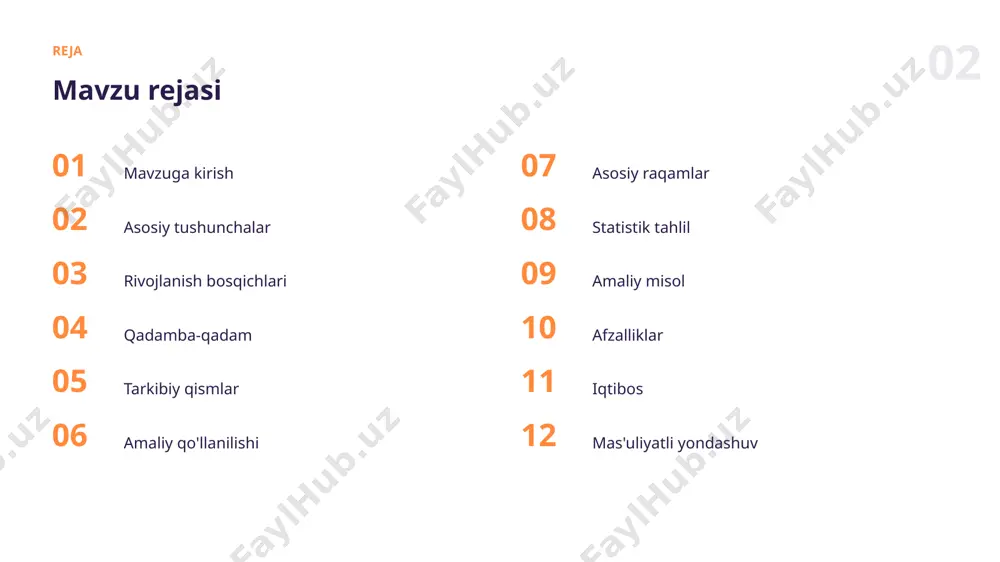 'nlab maqolani tez umumlashtirib, asosiy g'oyalarni ajratadi va tahlil jarayonini tezlashtiradi. 12 afzalliklar asosiy afzalliklar ✓ hammaga qulay qiladi ✓ ijod va g'oyalarni boyitadi ✓ o'rganishni tezlashtiradi ✓ xatolarni kamaytiradi ✓ mahsuldorlikni oshiradi “ to'g'ri vosita va usul natijani ikki barobar yaxshilaydi. 14 mas'uliyat mas'uliyatli yondashuv ✓ shaffoflik va izohlanuvchanlik ✓ maxfiylik va xavfsizlik ✓ adolat va xolislik ✓ inson nazorati ✓ natijani tekshirish xulosa asosiy xulosalar ▪ to'g'ri usullar natija sifatini oshiradi ▪ amaliyot va tajriba muvaffaqiyat kalitidir ▪ bu ko'nikma kelajakda yanada qadrlanadi ▪ hisobot tayyorlash zamonaviy ko'nikmalarning muhim qismidir rahmat! e'tiboringiz uchun tashakkur · hisobot tayyorlash: amaliy qo'llanma image1.jpg image2.jpg image3.jpg image4.jpg image5.jpg image6.png image7.jpg image8.jpg
