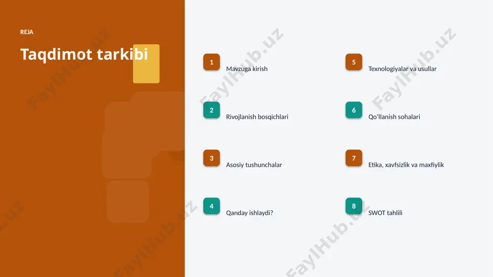 maliyotga joriy etiladi. texnologiya texnologiyalar va usullar ▪ neyron tarmoq va qatlam optimallashtirilgan algoritmlar bilan ishlanadi. ▪ gpu/tpu akseleratorlari oʻqitish vaqtini qisqartiradi. ▪ tayyor kutubxonalar (tensorflow, pytorch) ishlab chiqishni tezlashtiradi. ▪ open-source modellar kirish toʻsigʻini pasaytiradi. ▪ zamonaviy chuqur oʻrganish usullari aniqlikni sezilarli oshiradi. amaliyot qoʻllanish sohalari ▪ tasvirni tanish — eng keng tarqalgan amaliy yoʻnalishlardan biri. ▪ nutq sintezi jarayonlarni tezlashtiradi va xatolarni kamaytiradi. ▪ tabiiy til yangi qiymat va xizmatlar yaratadi. ▪ generativ modellar resurslardan oqilona foydalanishga yordam beradi. ▪ arxeologiya sohasida bu texnologiya raqobat ustunligini taʼminlaydi. etika etika, xavfsizlik va maxfiylik ▪ maʼlumotlar maxfiyligi va shaxsiy axborot himoyasi ustuvor. ▪ algoritmik noxolislik (bias) nazorat qilinishi shart. ▪ qarorlar shaffof va tushuntiriladigan boʻlishi kerak. ▪ inson nazorati muhim qarorlarda saqlanib qolishi lozim. ▪ tartibga solish va standartlarga rioya etish zarur. swot tahlili kuchli tomonlar ■ yuqori aniqlik va tezlik ■ avtomatlashtirish imkoni ■ masshtablanuvchanlik ■ doimiy takomillashish imkoniyat …