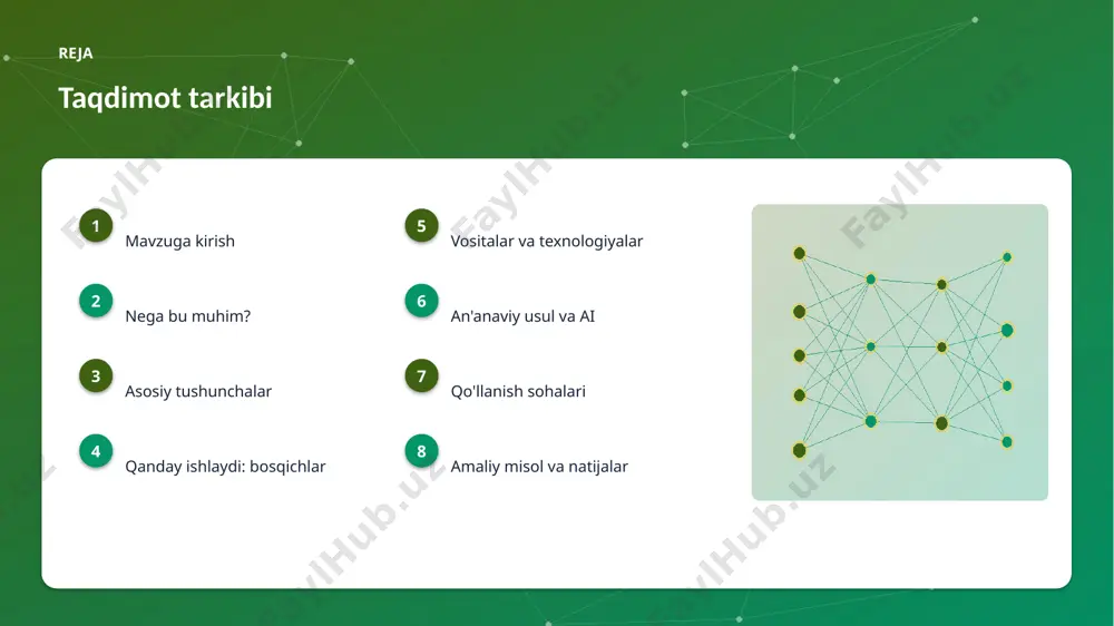 un sharoit yaratadi. ▸ universitetlarda ai kadrlar tayyorlanmoqda. ▸ bank ishi sohada pilot loyihalar bor. ▸ mahalliy til uchun resurslar ishlab chiqilmoqda. afzallik asosiy afzalliklari 35% samaradorlik o'sishi 31% xarajat kamayishi 92% aniqlik darajasi muammo muammolar va cheklovlar texnik chaqiriqlar • sifatli ma'lumot yetishmasligi • yuqori hisoblash xarajati • modelni izohlash qiyinligi • xavfsizlik va barqarorlik tashkiliy chaqiriqlar • kadrlar tanqisligi • integratsiya murakkabligi • etik va huquqiy masalalar • moslashish zarurati bozor statistika va tendensiyalar ▸ global ai bozori yiliga ~31% o'smoqda. ▸ kompaniyalarning 81% joriy etishni rejalashtirgan. ▸ investitsiyalar rekord darajada ortmoqda. ▸ bank ishi sohada talab tez oʻsmoqda. ▸ ai ko'nikmalariga ehtiyoj yuqori. kelajak kelajak istiqbollari ▸ agentlik va multimodal tizimlar keng tarqaladi. ▸ modellar samaradorligi va tejamkorligi oshadi. ▸ mahalliy va shaxsiylashtirilgan yechimlar ko'payadi. ▸ inson-ai hamkorligi chuqurlashadi. ▸ regulyatsiya va standartlar shakllanadi. xulosa xulosa va tavsiyalar ▸ katta til modellari yordamida bank ishi samaradorligini oshirish …