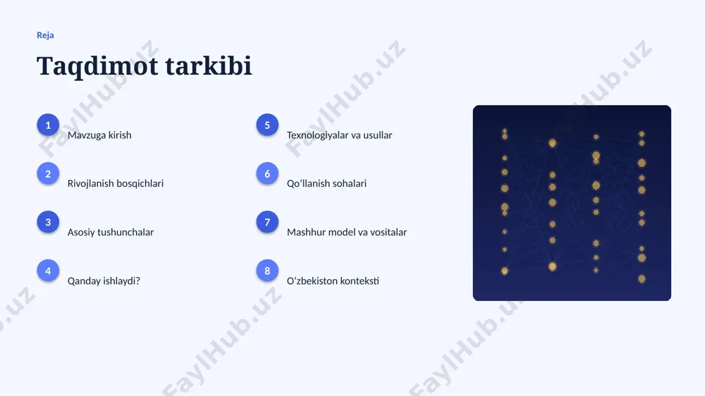 utli platformalar masshtablash va tez joriy etishni taʼminlaydi. ▸ gpu/tpu akseleratorlari oʻqitish vaqtini qisqartiradi. ▸ zamonaviy sunʼiy intellekt usullari aniqlikni sezilarli oshiradi. ▸ open-source modellar kirish toʻsigʻini pasaytiradi. ▸ tayyor kutubxonalar (tensorflow, pytorch) ishlab chiqishni tezlashtiradi. amaliyot qoʻllanish sohalari ▸ tahlil — eng keng tarqalgan amaliy yoʻnalishlardan biri. ▸ avtomatlashtirish jarayonlarni tezlashtiradi va xatolarni kamaytiradi. ▸ bashorat yangi qiymat va xizmatlar yaratadi. ▸ optimizatsiya resurslardan oqilona foydalanishga yordam beradi. ▸ koʻplab tarmoqlarda samaradorlikni oshiradi. modellar mashhur model va vositalar ▸ gpt oilasi — matn generatsiyasi va suhbat agentlari. ▸ bert — matnni chuqur tushunish va tasniflash. ▸ stable diffusion — matndan rasm yaratish. ▸ tensorflow va pytorch — ishlab chiqish freymvorklari. ▸ hugging face — ochiq modellar ekotizimi. mahalliy oʻzbekiston konteksti ▸ raqamli oʻzbekiston-2030 strategiyasi ai rivojini qoʻllab-quvvatlaydi. ▸ it-park va texnoparklar startaplar uchun sharoit yaratmoqda. ▸ universitetlarda ai yoʻnalishlari va kadrlar tayyorlanmoqda. ▸ turli sohalarida pilot loyihalar joriy etilmoqda. …