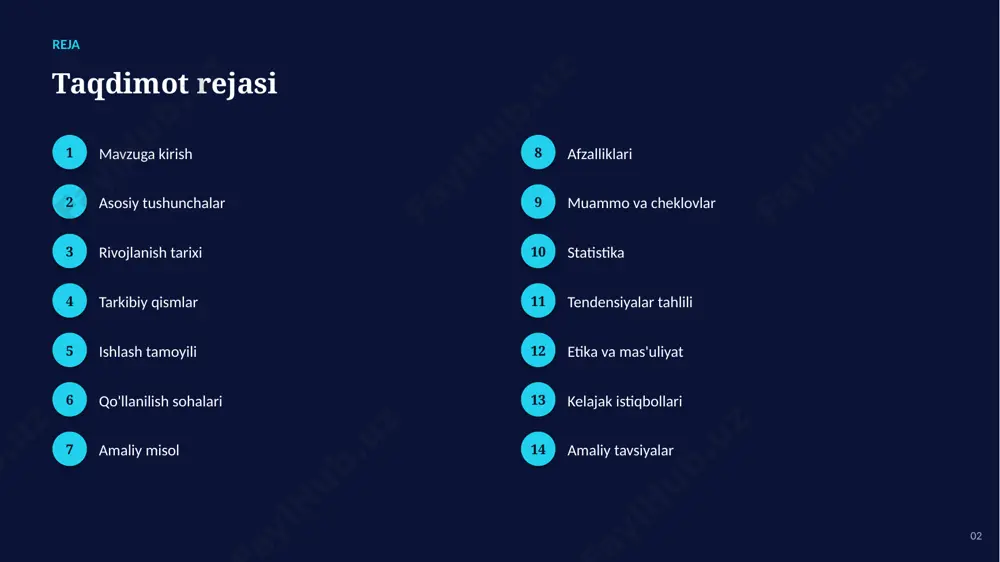 i tahlil ▪ anomaliyalarni aniqlash ▪ biznes intellekti hisobotlari 08 amaliy misol amaliy misol va tahlil yirik kompaniyalar millionlab tranzaksiya va hodisalarni real vaqtda tahlil qilib, qaror qabul qilishni tezlashtiradi va yangi imkoniyatlarni aniqlaydi. 09 afzalliklari asosiy afzalliklari ✓ shaxsiylashtirilgan yechimlar taqdim etish ✓ aniqlik va sifatni oshirish ✓ inson xatolarini sezilarli kamaytirish ✓ 24/7 uzluksiz ishlash imkoniyati ✓ xarajatlarni optimallashtirish ✓ yangi imkoniyat va innovatsiyalarni ochish 10 muammolar muammo va cheklovlar 01 algoritmik xolislik va adolat masalalari 02 sifatli va yetarli ma'lumot zarurligi 03 integratsiya va texnik murakkabliklar 04 yuqori hisoblash resurslariga ehtiyoj 05 natijalarning izohlanuvchanligi muammosi 06 etika va tartibga solish savollari 11 statistika statistika va ko'rsatkichlar 2.5q baytda kunlik ma'lumot 80% ma'lumot tuzilmagan 5x tezroq qaror qabul qilish 12 tendensiyalar o'sish va tendensiyalar tahlili ko'rsatkichlar so'nggi yillarda barqaror o'sish tendensiyasini ko'rsatmoqda. 13 etika etika va mas'uliyatli yondashuv ▪ shaffoflik va qaror izohlanuvchanligi ▪ maxfiylik va shaxsiy ma'lumotlar …