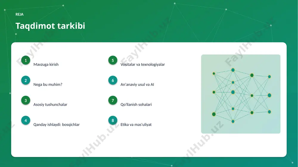 ark startaplar uchun sharoit yaratadi. ▸ universitetlarda ai kadrlar tayyorlanmoqda. ▸ sugʻurta sohada pilot loyihalar bor. ▸ mahalliy til uchun resurslar ishlab chiqilmoqda. afzallik asosiy afzalliklari 61% samaradorlik o'sishi 32% xarajat kamayishi 94% aniqlik darajasi muammo muammolar va cheklovlar texnik chaqiriqlar • sifatli ma'lumot yetishmasligi • yuqori hisoblash xarajati • modelni izohlash qiyinligi • xavfsizlik va barqarorlik tashkiliy chaqiriqlar • kadrlar tanqisligi • integratsiya murakkabligi • etik va huquqiy masalalar • moslashish zarurati bozor statistika va tendensiyalar ▸ global ai bozori yiliga ~22% o'smoqda. ▸ kompaniyalarning 81% joriy etishni rejalashtirgan. ▸ investitsiyalar rekord darajada ortmoqda. ▸ sugʻurta sohada talab tez oʻsmoqda. ▸ ai ko'nikmalariga ehtiyoj yuqori. kelajak kelajak istiqbollari ▸ agentlik va multimodal tizimlar keng tarqaladi. ▸ modellar samaradorligi va tejamkorligi oshadi. ▸ mahalliy va shaxsiylashtirilgan yechimlar ko'payadi. ▸ inson-ai hamkorligi chuqurlashadi. ▸ regulyatsiya va standartlar shakllanadi. xulosa xulosa va tavsiyalar ▸ federativ oʻrganish yordamida sugʻurta samaradorligini oshirish — strategik …