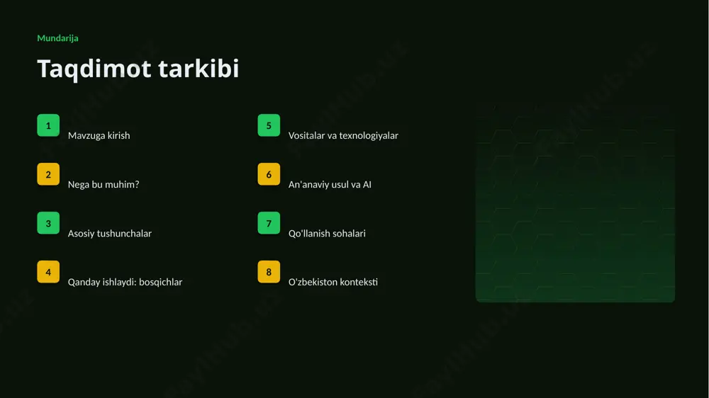 qoniqishi yuqori bo'lgan. afzallik asosiy afzalliklari 57% samaradorlik o'sishi 21% xarajat kamayishi 99% aniqlik darajasi muammo muammolar va cheklovlar texnik chaqiriqlar ▪ sifatli ma'lumot yetishmasligi ▪ yuqori hisoblash xarajati ▪ modelni izohlash qiyinligi ▪ xavfsizlik va barqarorlik tashkiliy chaqiriqlar ▪ kadrlar tanqisligi ▪ integratsiya murakkabligi ▪ etik va huquqiy masalalar ▪ moslashish zarurati bozor statistika va tendensiyalar ▹ global ai bozori yiliga ~33% o'smoqda. ▹ kompaniyalarning 57% joriy etishni rejalashtirgan. ▹ investitsiyalar rekord darajada ortmoqda. ▹ ishlab chiqarish sohada talab tez oʻsmoqda. ▹ ai ko'nikmalariga ehtiyoj yuqori. kelajak kelajak istiqbollari ▹ agentlik va multimodal tizimlar keng tarqaladi. ▹ modellar samaradorligi va tejamkorligi oshadi. ▹ mahalliy va shaxsiylashtirilgan yechimlar ko'payadi. ▹ inson-ai hamkorligi chuqurlashadi. ▹ regulyatsiya va standartlar shakllanadi. xulosa xulosa va tavsiyalar ▹ ishlab chiqarish uchun ekspert tizimlar: amaliy yechimlar — strategik ahamiyatga ega yo'nalish. ▹ ma'lumot sifati va etika muvaffaqiyat kaliti. ▹ bosqichma-bosqich joriy etish xavfni kamaytiradi. ▹ kadrlar …