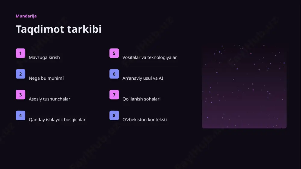 izohlash qiyinligi ▪ xavfsizlik va barqarorlik tashkiliy chaqiriqlar ▪ kadrlar tanqisligi ▪ integratsiya murakkabligi ▪ etik va huquqiy masalalar ▪ moslashish zarurati bozor statistika va tendensiyalar ▹ global ai bozori yiliga ~33% o'smoqda. ▹ kompaniyalarning 63% joriy etishni rejalashtirgan. ▹ investitsiyalar rekord darajada ortmoqda. ▹ suv resurslari sohada talab tez oʻsmoqda. ▹ ai ko'nikmalariga ehtiyoj yuqori. kelajak kelajak istiqbollari ▹ agentlik va multimodal tizimlar keng tarqaladi. ▹ modellar samaradorligi va tejamkorligi oshadi. ▹ mahalliy va shaxsiylashtirilgan yechimlar ko'payadi. ▹ inson-ai hamkorligi chuqurlashadi. ▹ regulyatsiya va standartlar shakllanadi. xulosa xulosa va tavsiyalar ▹ suv resurslari sohasida sun'iy intellekt: muammolari va yechimlari — strategik ahamiyatga ega yo'nalish. ▹ ma'lumot sifati va etika muvaffaqiyat kaliti. ▹ bosqichma-bosqich joriy etish xavfni kamaytiradi. ▹ kadrlar malakasiga investitsiya zarur. ▹ doimiy monitoring va takomillashtirish talab etiladi. e'tiboringiz uchun rahmat! suv resurslari sohasida sun'iy intellekt: muammolari va yechimlari savollar & muhokama image1.jpg image2.jpg image3.jpg image4.jpg image5.jpg image6.jpg …