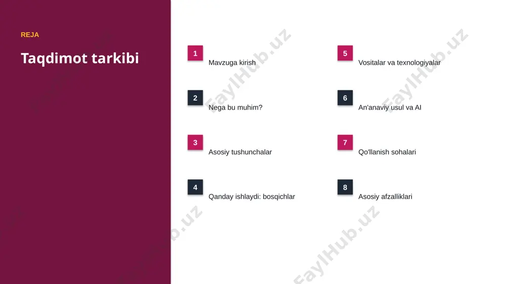 tishni rejalashtirgan. ▪ investitsiyalar rekord darajada ortmoqda. ▪ suv resurslari sohada talab tez oʻsmoqda. ▪ ai ko'nikmalariga ehtiyoj yuqori. kelajak kelajak istiqbollari ▪ agentlik va multimodal tizimlar keng tarqaladi. ▪ modellar samaradorligi va tejamkorligi oshadi. ▪ mahalliy va shaxsiylashtirilgan yechimlar ko'payadi. ▪ inson-ai hamkorligi chuqurlashadi. ▪ regulyatsiya va standartlar shakllanadi. xulosa xulosa va tavsiyalar ▪ suv resurslari uchun katta til modellari: bosqichma-bosqich qo'llanma — strategik ahamiyatga ega yo'nalish. ▪ ma'lumot sifati va etika muvaffaqiyat kaliti. ▪ bosqichma-bosqich joriy etish xavfni kamaytiradi. ▪ kadrlar malakasiga investitsiya zarur. ▪ doimiy monitoring va takomillashtirish talab etiladi. e'tiboringiz uchun rahmat! suv resurslari uchun katta til modellari: bosqichma-bosqich qo'llanma savollar & muhokama image1.jpg image2.jpg image3.jpg image4.jpg image5.jpg image6.jpg image7.jpg image8.jpg image9.jpg