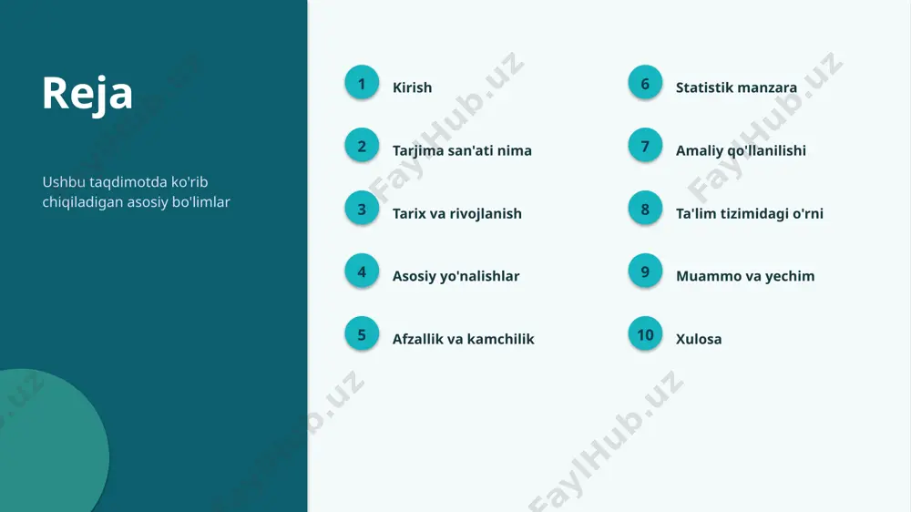 qda (taxminiy) ▪ texnologiya rivoji bu sohani kuchaytirmoqda ▪ ta'lim tizimida qo'llanilish kengaymoqda ▪ kelajakda ahamiyati yanada ortishi kutiladi amaliyot amaliy qo'llanilishi 1 ta'lim o'qitish va o'rganishda 2 iqtisodiyot biznes va samaradorlikda 3 texnologiya raqamli yechimlarda 4 kundalik hayot amaliy masalalarni hal qilishda kontekst ta'lim tizimidagi o'rni ▪ ta'lim tizimida tarjima san'ati o'ziga xos ahamiyatga ega ▪ mahalliy va global tajriba uyg'unlashtiriladi ▪ jamoa uchun amaliy imkoniyatlar mavjud ▪ hamkorlik va ta'lim — rivojlanish kaliti “ imkoniyat ta'lim tizimida tarjima san'atini rivojlantirish katta salohiyatga ega. muammo va yechim muammolar va yechimlar 1 bilim tanqisligi ta'lim va malaka oshirish 2 resurs cheklovi bosqichma-bosqich joriy etish 3 tezkor o'zgarish doimiy o'rganish va moslashish 4 noto'g'ri qo'llash standart va nazorat xulosa asosiy xulosalar ▪ tarjima san'ati — istiqbolli va dolzarb yo'nalish ▪ nazariya va amaliyot uyg'unligi muhim ▪ ta'lim tizimida katta salohiyat mavjud ▪ jamoa uchun bilim va tayyorgarlik — ustunlik manbalar adabiyotlar …
