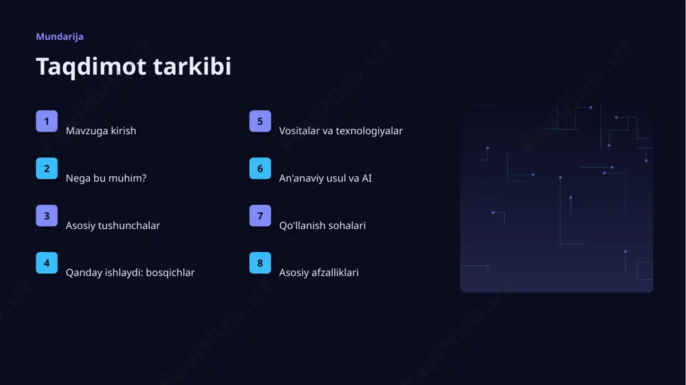 lashtirgan. ▹ investitsiyalar rekord darajada ortmoqda. ▹ arxeologiya sohada talab tez oʻsmoqda. ▹ ai ko'nikmalariga ehtiyoj yuqori. kelajak kelajak istiqbollari ▹ agentlik va multimodal tizimlar keng tarqaladi. ▹ modellar samaradorligi va tejamkorligi oshadi. ▹ mahalliy va shaxsiylashtirilgan yechimlar ko'payadi. ▹ inson-ai hamkorligi chuqurlashadi. ▹ regulyatsiya va standartlar shakllanadi. xulosa xulosa va tavsiyalar ▹ arxeologiya uchun generativ sunʼiy intellekt: amaliy yechimlar — strategik ahamiyatga ega yo'nalish. ▹ ma'lumot sifati va etika muvaffaqiyat kaliti. ▹ bosqichma-bosqich joriy etish xavfni kamaytiradi. ▹ kadrlar malakasiga investitsiya zarur. ▹ doimiy monitoring va takomillashtirish talab etiladi. e'tiboringiz uchun rahmat! arxeologiya uchun generativ sunʼiy intellekt: amaliy yechimlar savollar & muhokama image1.jpg image2.jpg image3.jpg image4.jpg image5.jpg image6.jpg image7.jpg image8.jpg image9.jpg image10.jpg image11.jpg image12.jpg image13.jpg image14.jpg image15.jpg
