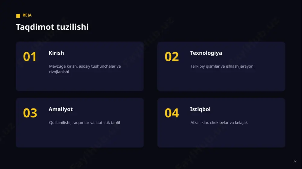 ri 11 tahlil statistik tahlil asosiy xulosalar ▪ xavf va xatolarni kamaytirish ▪ yangi xizmat va imkoniyatlar yaratish ▪ aniqroq va tezroq qarorlar qabul qilish 12 04 istiqbol 13 afzalliklar asosiy afzalliklar + real vaqtda tahlil va monitoring + takrorlanuvchi vazifalarni avtomatlashtirish + aniqroq va tezroq qarorlar qabul qilish + xavf va xatolarni kamaytirish + xarajatlarni optimallashtirish + yangi xizmat va imkoniyatlar yaratish 14 tavsiyalar amaliy tavsiyalar 1 maxfiylik va etikani dastlabdan rejalashtiring 2 aniq biznes muammosidan boshlang 3 jamoa malakasini muntazam oshiring 4 pilot loyiha bilan boshlab, keyin kengaytiring 5 ma'lumotlar sifati va infratuzilmaga e'tibor bering 15 istiqbol kelajak istiqbollari ▪ arzon va qulay yechimlarning tarqalishi ▪ barqaror va mas'uliyatli qo'llash ▪ yanada aniq va avtonom tizimlar ▪ inson va ai hamkorligining kuchayishi ▪ real vaqtdagi qarorlarning kengayishi 16 cheklovlar muammo va cheklovlar 01 natijalarning ishonchliligi va tushunarliligi 02 malakali kadrlar tanqisligi 03 etika va tartibga solish talablari 04 …