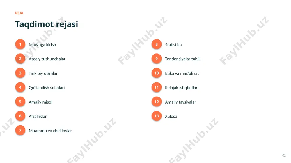 muammo va cheklovlar 01 sifatli va yetarli ma'lumot zarurligi 02 etika va tartibga solish savollari 03 yuqori hisoblash resurslariga ehtiyoj 04 natijalarning izohlanuvchanligi muammosi 05 malakali mutaxassislar yetishmasligi 06 algoritmik xolislik va adolat masalalari 09 statistika statistika va ko'rsatkichlar 90% avariyalar inson xatosidan 25% tirbandlik kamayishi 2030 avtonom transport keng tarqaladi 10 tendensiyalar o'sish va tendensiyalar tahlili ko'rsatkichlar so'nggi yillarda barqaror o'sish tendensiyasini ko'rsatmoqda. 11 etika etika va mas'uliyatli yondashuv ▪ shaffoflik va qaror izohlanuvchanligi ▪ maxfiylik va shaxsiy ma'lumotlar himoyasi ▪ algoritmik adolat va xolislikni kamaytirish ▪ inson nazorati va mas'uliyat ▪ xavfsizlik va ishonchlilik standartlari 12 kelajak kelajak istiqbollari ▪ shaffof va mas'uliyatli tizimlar ▪ energiya samaradorligining oshishi ▪ yangi sohalarga keng tarqalishi ▪ yanada aniq va ishonchli modellar ▪ inson va ai hamkorligining chuqurlashuvi 13 tavsiyalar amaliy tavsiyalar 1 jamoa malakasini muntazam oshirib boring 2 etika va maxfiylikni dastlabdan hisobga oling 3 ma'lumotlar sifatiga alohida e'tibor bering …
