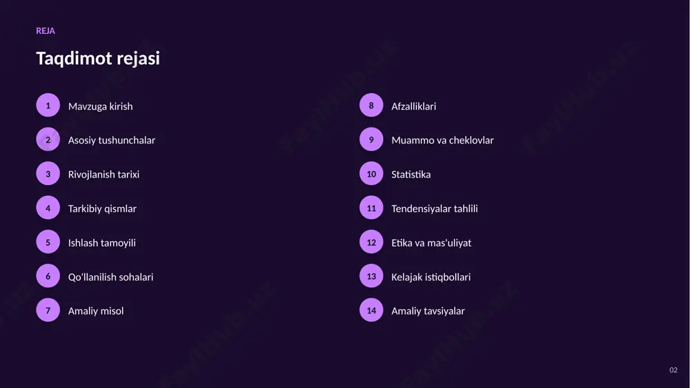 sport ko'rishi ▪ sifat nazorati va defektni topish ▪ xavfsizlik va kuzatuv ▪ kengaytirilgan reallik 08 amaliy misol amaliy misol va tahlil ishlab chiqarishda kompyuter ko'rish konveyerdagi mahsulotlarni real vaqtda tekshirib, nuqsonli detallarni inson ko'zidan tezroq aniqlaydi. 09 afzalliklari asosiy afzalliklari ✓ xarajatlarni optimallashtirish ✓ inson xatolarini sezilarli kamaytirish ✓ 24/7 uzluksiz ishlash imkoniyati ✓ shaxsiylashtirilgan yechimlar taqdim etish ✓ aniqlik va sifatni oshirish ✓ yangi imkoniyat va innovatsiyalarni ochish 10 muammolar muammo va cheklovlar 01 malakali mutaxassislar yetishmasligi 02 sifatli va yetarli ma'lumot zarurligi 03 maxfiylik va ma'lumotlar xavfsizligi 04 etika va tartibga solish savollari 05 yuqori hisoblash resurslariga ehtiyoj 06 natijalarning izohlanuvchanligi muammosi 11 statistika statistika va ko'rsatkichlar 95%+ obyekt tanish aniqligi 30 fps real vaqt tahlili 1m+ tasvir o'qitish uchun 12 tendensiyalar o'sish va tendensiyalar tahlili ko'rsatkichlar so'nggi yillarda barqaror o'sish tendensiyasini ko'rsatmoqda. 13 etika etika va mas'uliyatli yondashuv ▪ shaffoflik va qaror izohlanuvchanligi ▪ maxfiylik va …