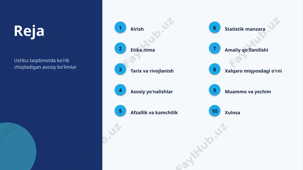 ▪ kelajakda ahamiyati yanada ortishi kutiladi amaliyot amaliy qo'llanilishi 1 ta'lim o'qitish va o'rganishda 2 iqtisodiyot biznes va samaradorlikda 3 texnologiya raqamli yechimlarda 4 kundalik hayot amaliy masalalarni hal qilishda kontekst xalqaro miqyosdagi o'rni ▪ xalqaro miqyosda etika o'ziga xos ahamiyatga ega ▪ mahalliy va global tajriba uyg'unlashtiriladi ▪ ilg'or daraja uchun amaliy imkoniyatlar mavjud ▪ hamkorlik va ta'lim — rivojlanish kaliti “ imkoniyat xalqaro miqyosda etikani rivojlantirish katta salohiyatga ega. muammo va yechim muammolar va yechimlar 1 bilim tanqisligi ta'lim va malaka oshirish 2 resurs cheklovi bosqichma-bosqich joriy etish 3 tezkor o'zgarish doimiy o'rganish va moslashish 4 noto'g'ri qo'llash standart va nazorat xulosa asosiy xulosalar ▪ etika — istiqbolli va dolzarb yo'nalish ▪ nazariya va amaliyot uyg'unligi muhim ▪ xalqaro miqyosda katta salohiyat mavjud ▪ ilg'or daraja uchun bilim va tayyorgarlik — ustunlik manbalar adabiyotlar va manbalar — etika bo'yicha ilmiy va o'quv manbalari — sohaviy hisobotlar va maqolalar …