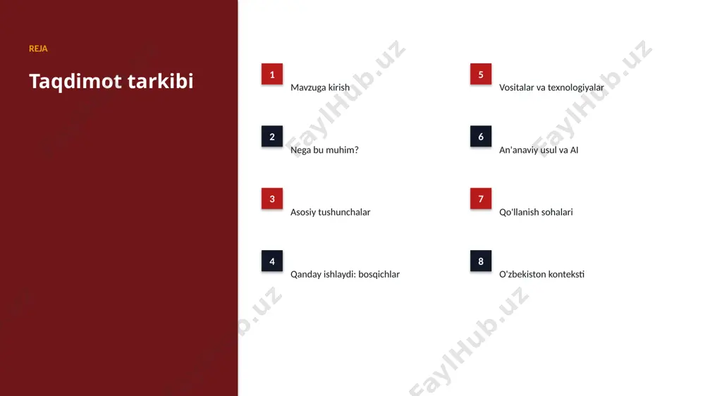 qiriqlar • kadrlar tanqisligi • integratsiya murakkabligi • etik va huquqiy masalalar • moslashish zarurati bozor statistika va tendensiyalar ▪ global ai bozori yiliga ~24% o'smoqda. ▪ kompaniyalarning 62% joriy etishni rejalashtirgan. ▪ investitsiyalar rekord darajada ortmoqda. ▪ turizm sohada talab tez oʻsmoqda. ▪ ai ko'nikmalariga ehtiyoj yuqori. kelajak kelajak istiqbollari ▪ agentlik va multimodal tizimlar keng tarqaladi. ▪ modellar samaradorligi va tejamkorligi oshadi. ▪ mahalliy va shaxsiylashtirilgan yechimlar ko'payadi. ▪ inson-ai hamkorligi chuqurlashadi. ▪ regulyatsiya va standartlar shakllanadi. xulosa xulosa va tavsiyalar ▪ mashinali oʻrganish bilan turizmni rivojlantirish — strategik ahamiyatga ega yo'nalish. ▪ ma'lumot sifati va etika muvaffaqiyat kaliti. ▪ bosqichma-bosqich joriy etish xavfni kamaytiradi. ▪ kadrlar malakasiga investitsiya zarur. ▪ doimiy monitoring va takomillashtirish talab etiladi. e'tiboringiz uchun rahmat! mashinali oʻrganish bilan turizmni rivojlantirish savollar & muhokama image1.jpg image2.jpg image3.jpg image4.jpg image5.jpg image6.jpg image7.jpg image8.jpg image9.jpg image10.jpg